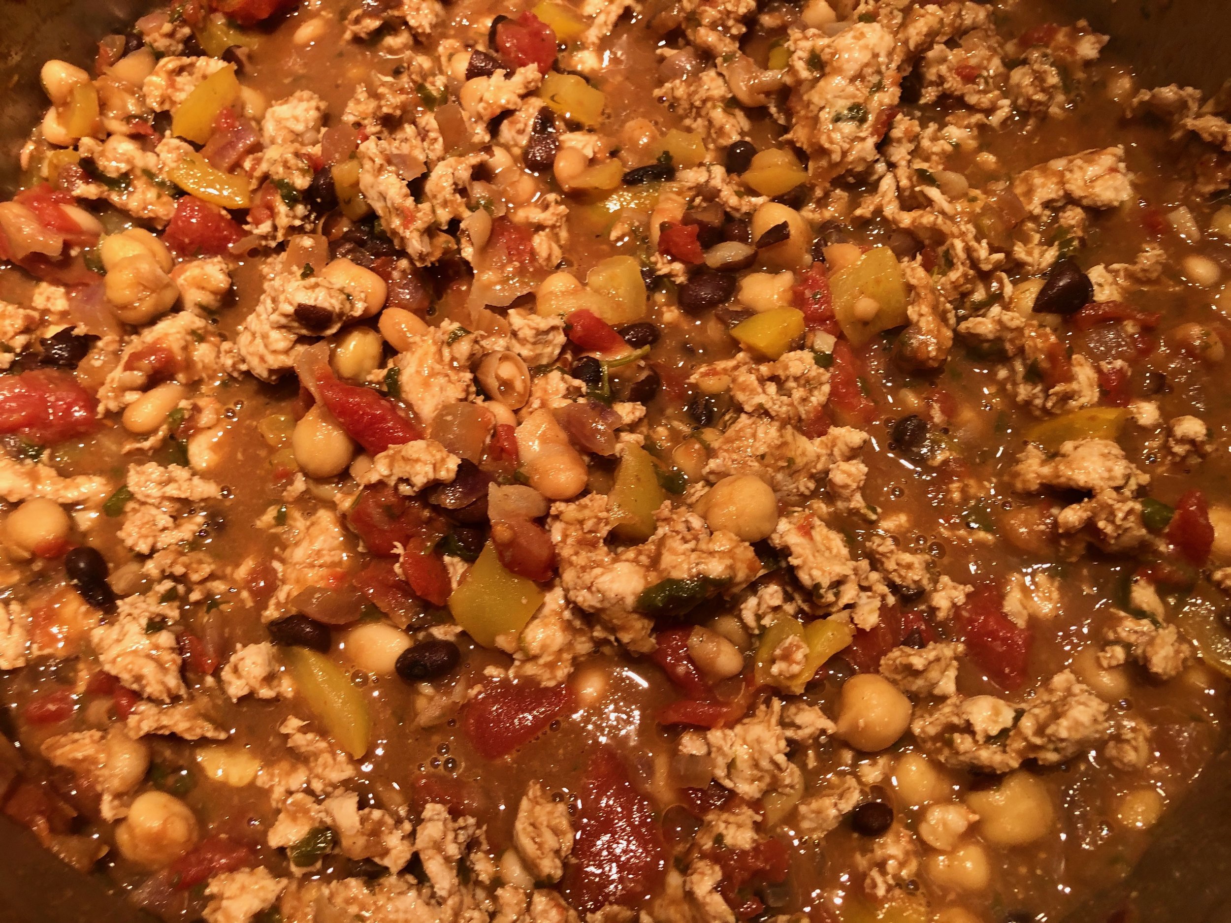 Chunky turkey chili simmering.