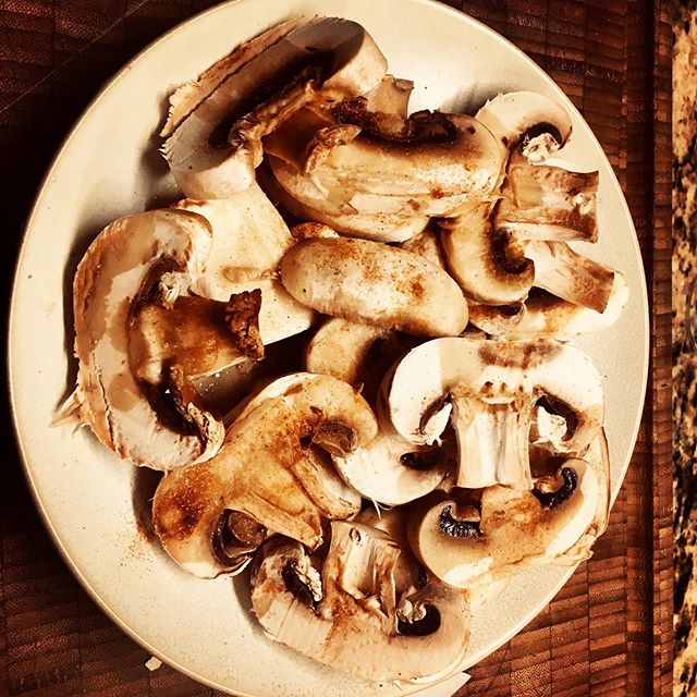 So simple. So #tasty. #Mushrooms + Gigi&rsquo;s #adobo saut&eacute;ed in olive oil. @giancayard cooking up goodness with Gigi&rsquo;s #seasonings. Let them cook down. They release water, so no need to add liquid. Eat alone, as a side or pour that hea