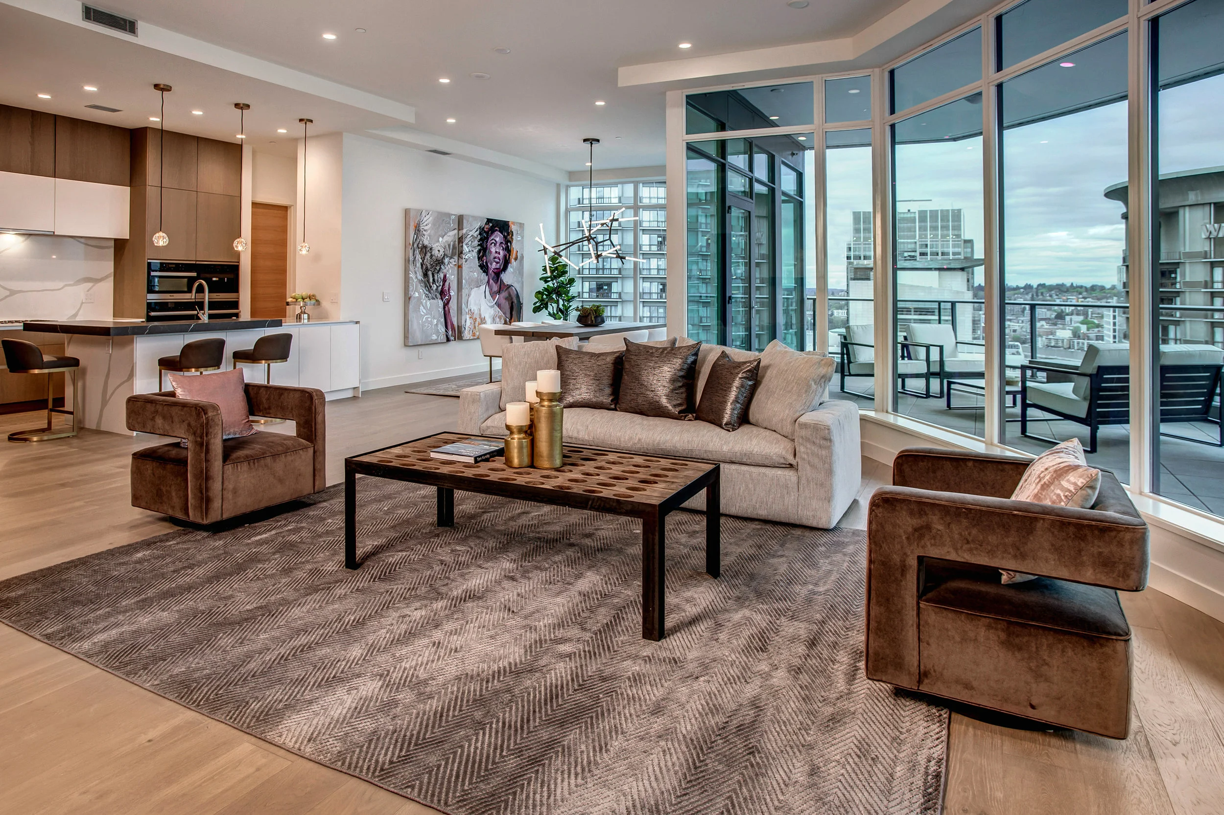Great room with open floor plan leads to a massive entertaining balcony.