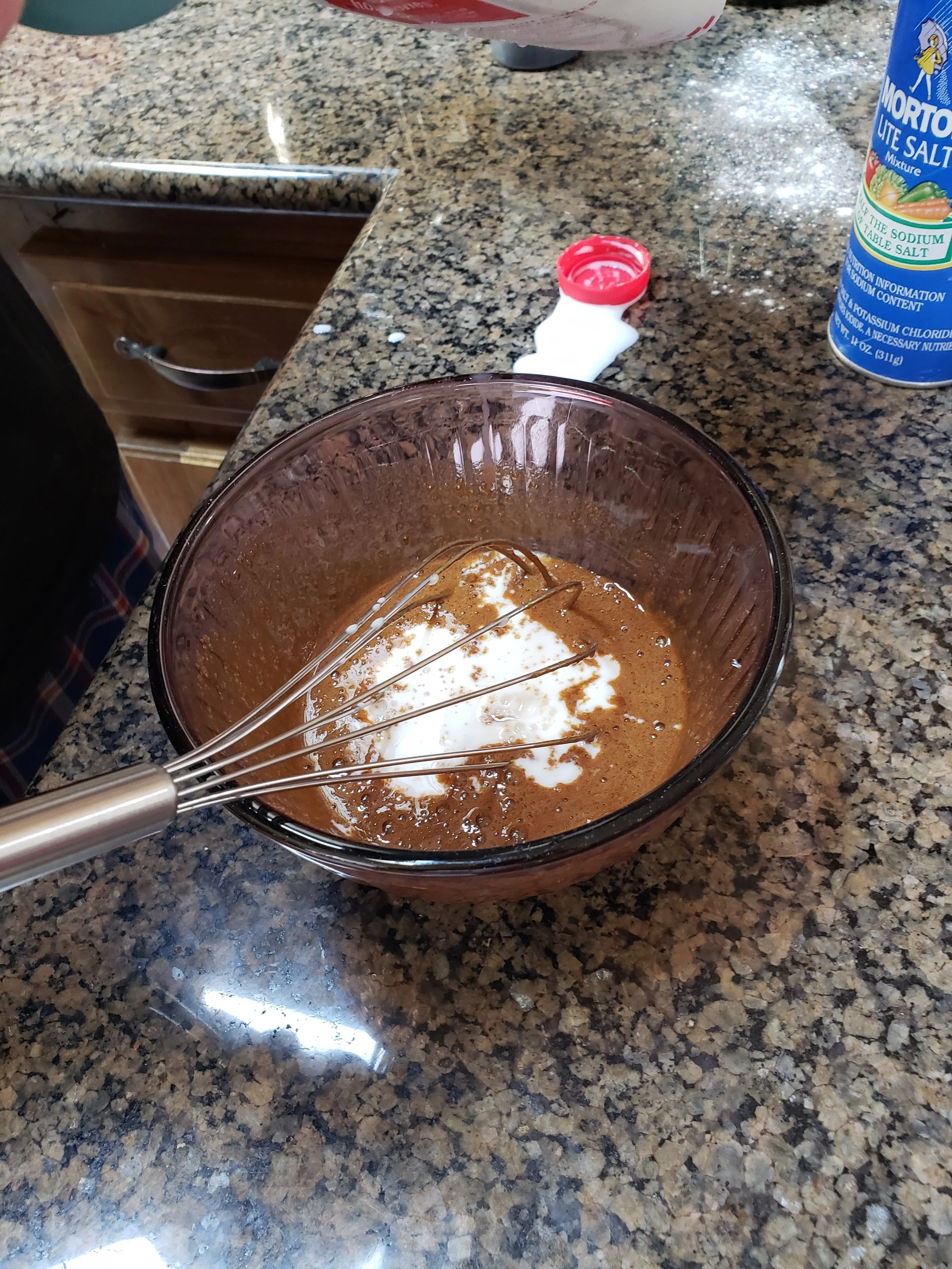 All our wet ingredients! Don’t worry if yours isn’t quite as brown, as our coconut sugar definitely changes the color of our batter.