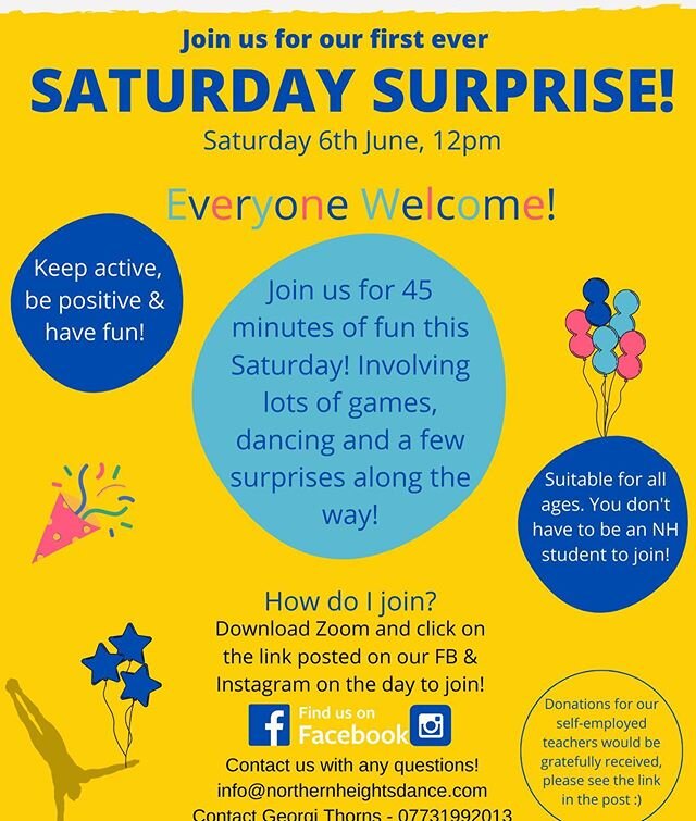 🎉 SATURDAY SURPRISE, today @ 12pm 🎉
.
Join us today at 12pm for 45 minutes of... you&rsquo;ll have to be there to find out!!
.
We may even sing happy birthday to our beautiful aerial rig that&rsquo;s just turned 1! 🎈
.
Click on this link at 12pm t