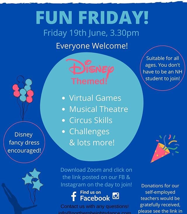🎉 FUN FRIDAY DISNEY PARTY 🎉 today @ 3.30pm ✨
.
🌼 Disney fancy dress encouraged!
🌼 All ages &amp; abilities welcome
🌼 Join us for an hour of fun, games, dancing &amp; lots more!
.
Click on this link at 3.30pm to join:
.
https://us02web.zoom.us/j/