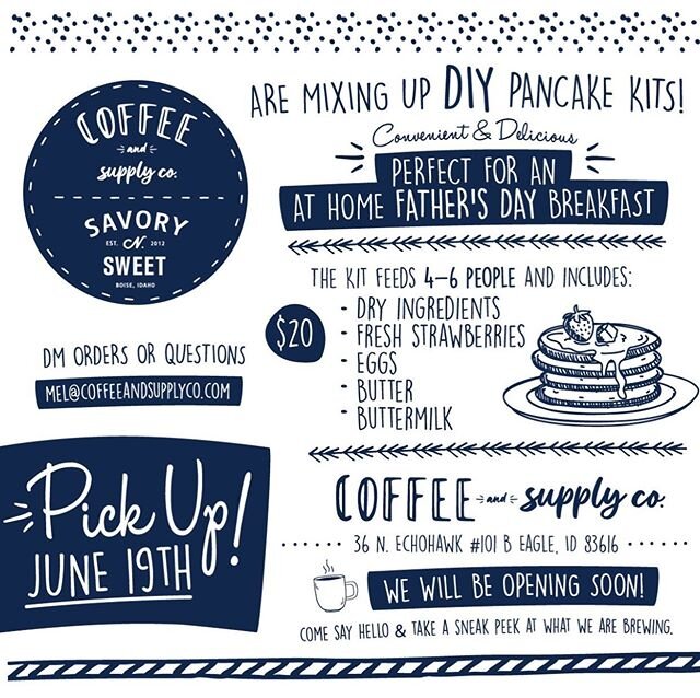 Check out this Father&rsquo;s Day Pancake Kit from @coffeeandsupplyco . Fun + easy to make on Father&rsquo;s Day  weekend. Just $20! Pick up in Eagle on Friday the 19th. &ldquo;Color Me&rdquo; card is included !