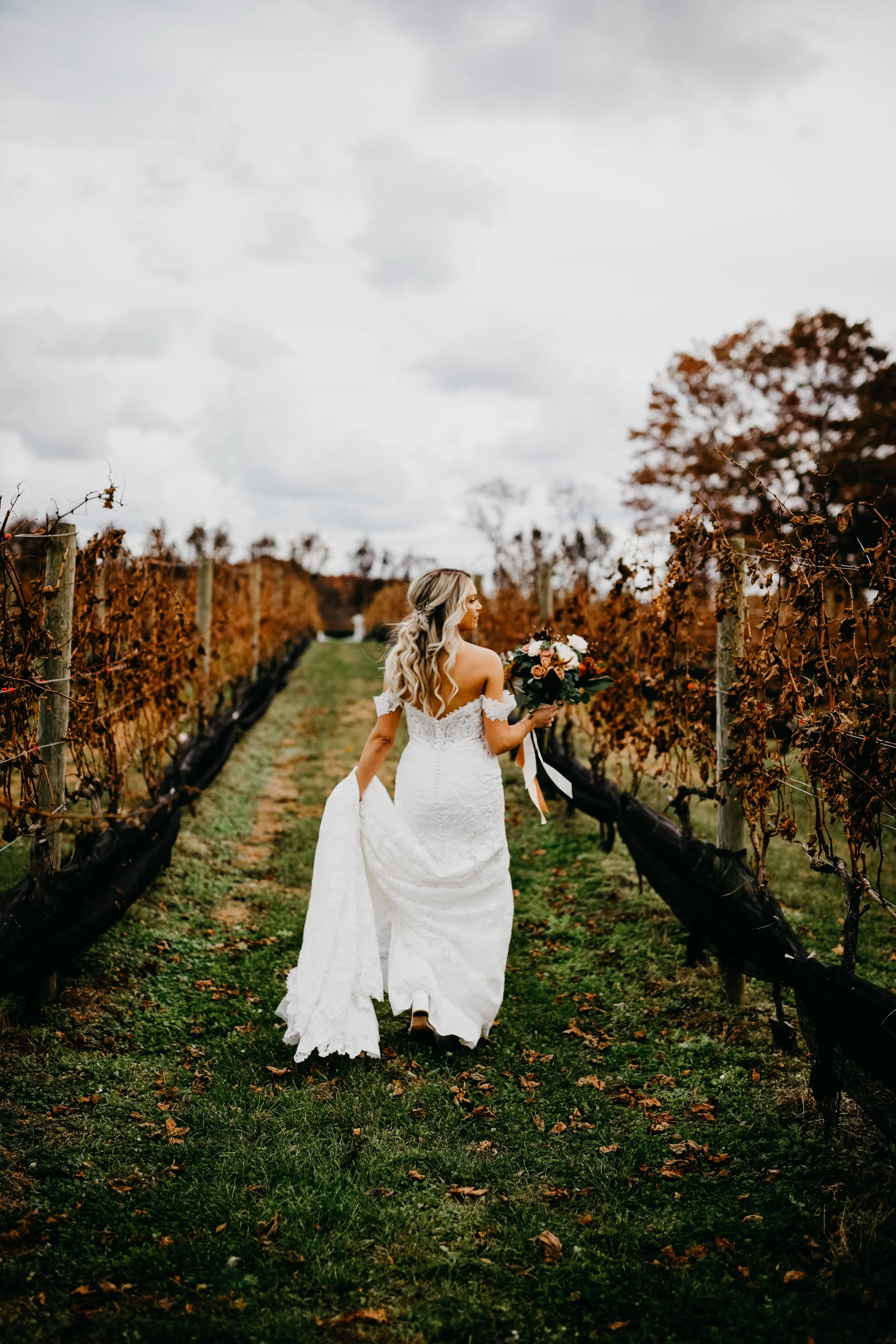 Bride holding her wedding dress train while she walks away through a vineyard on long island in the fall