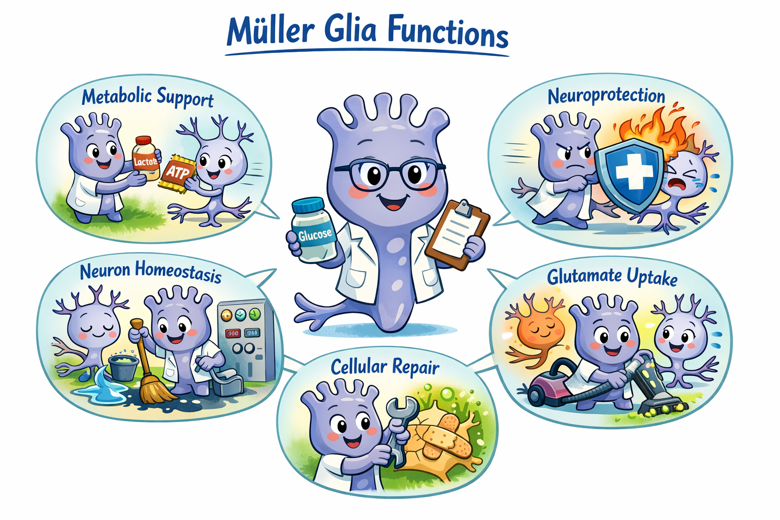 Cartoon showung Muller glia funtion.