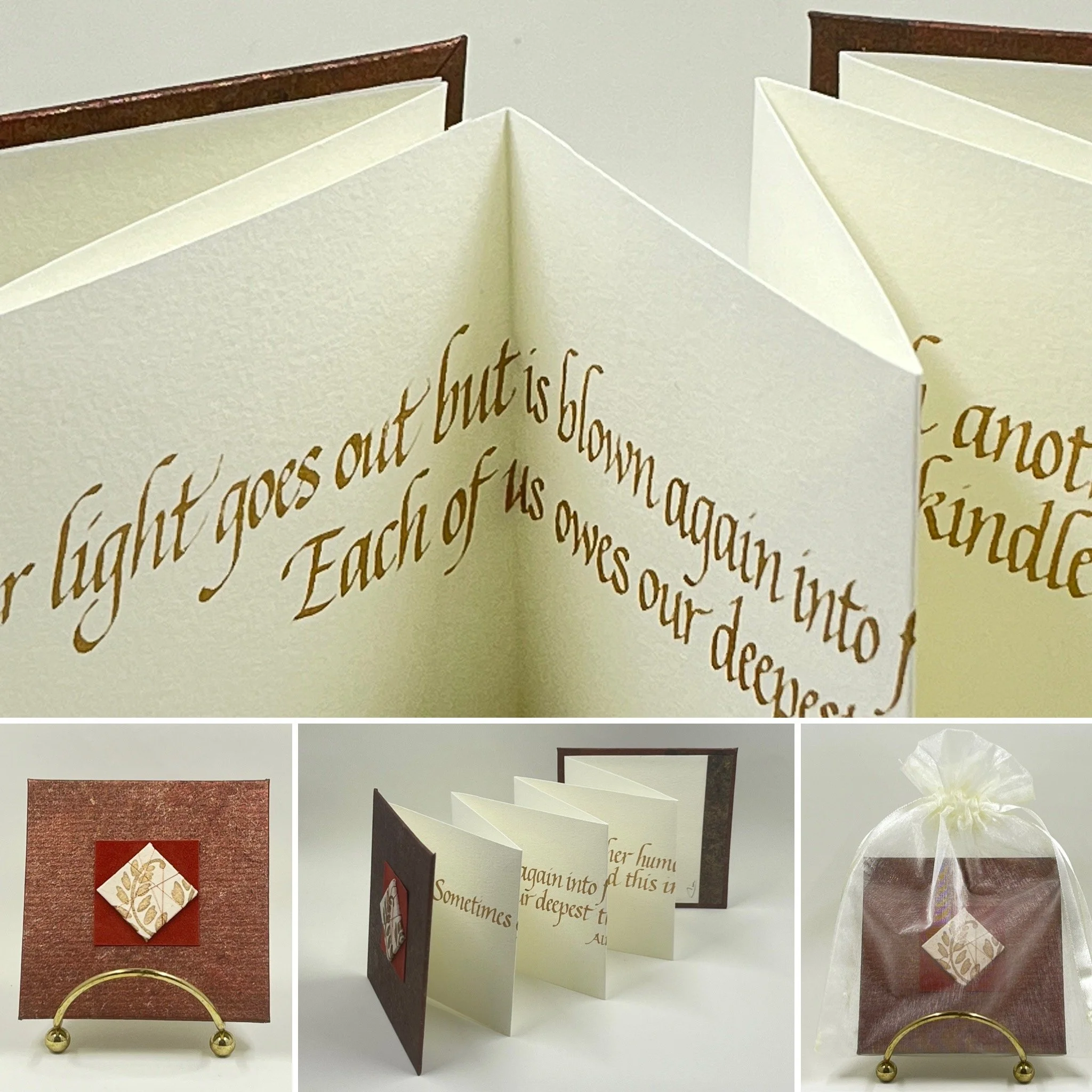Hand lettered mini calligraphy book with gold ink and hand painted covers
