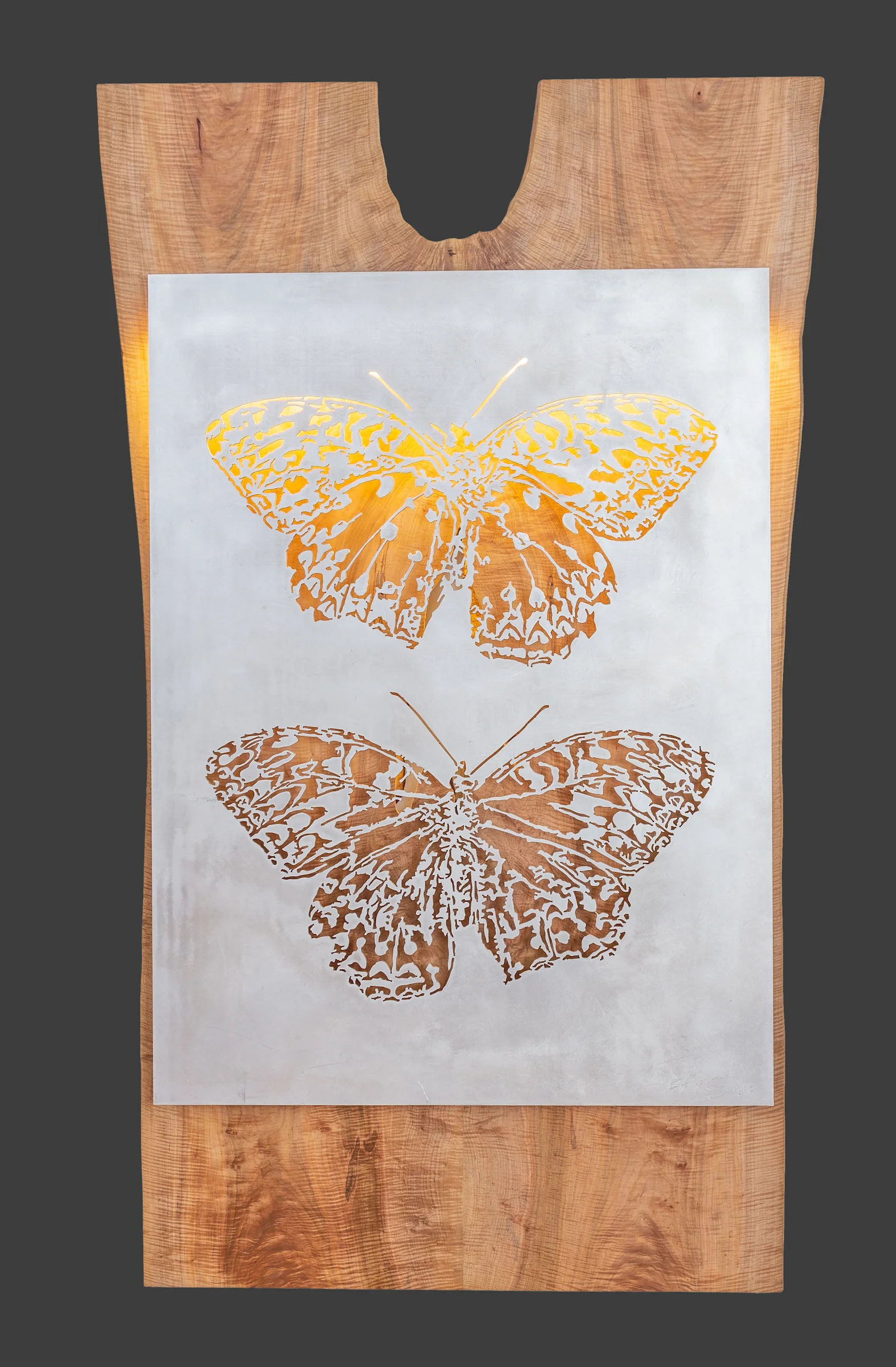 Butterflies, 2018. Aluminum, LED lights, curly maple