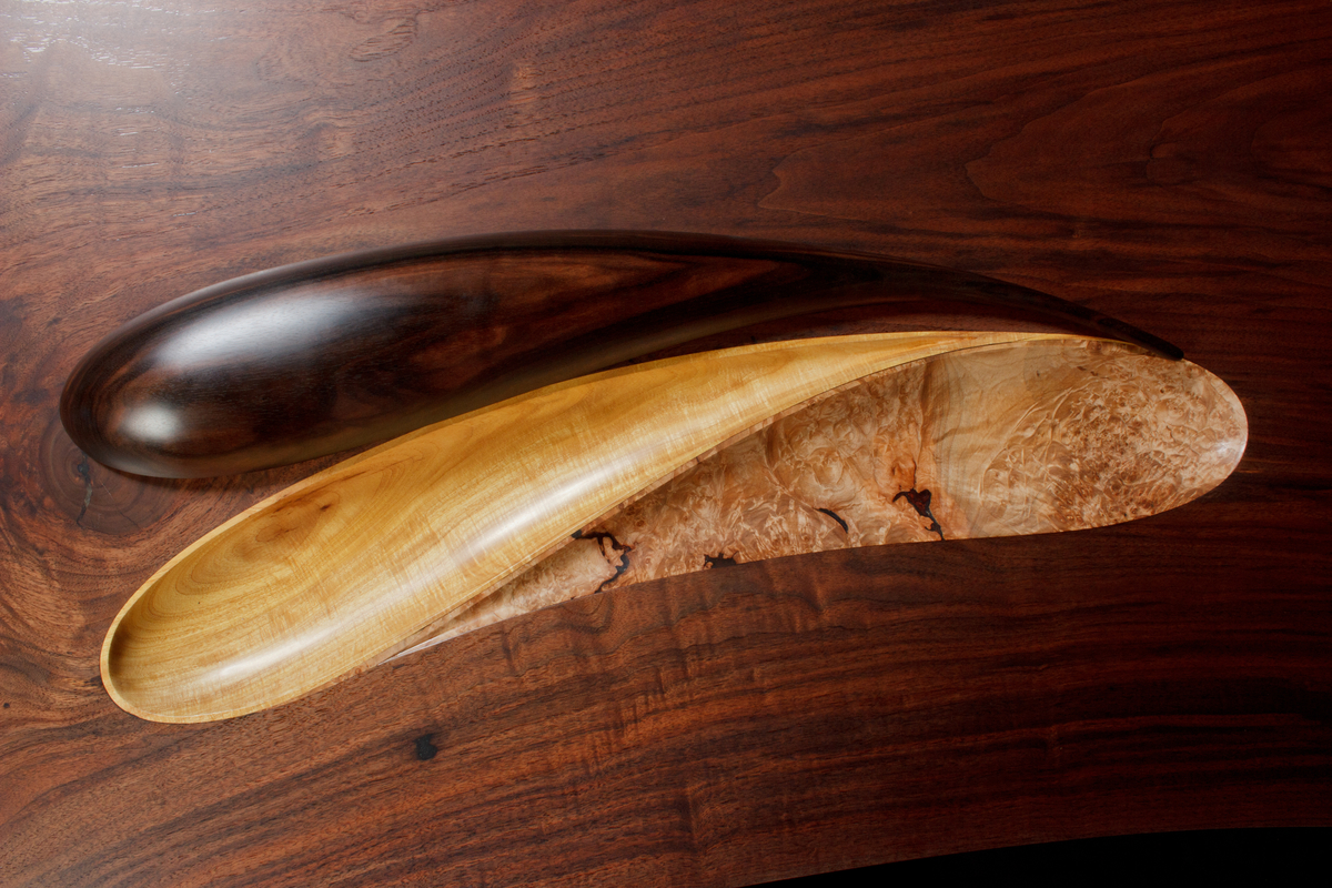 Yin Yang Table, 2014. Black walnut, ebony, maple, holly veneer