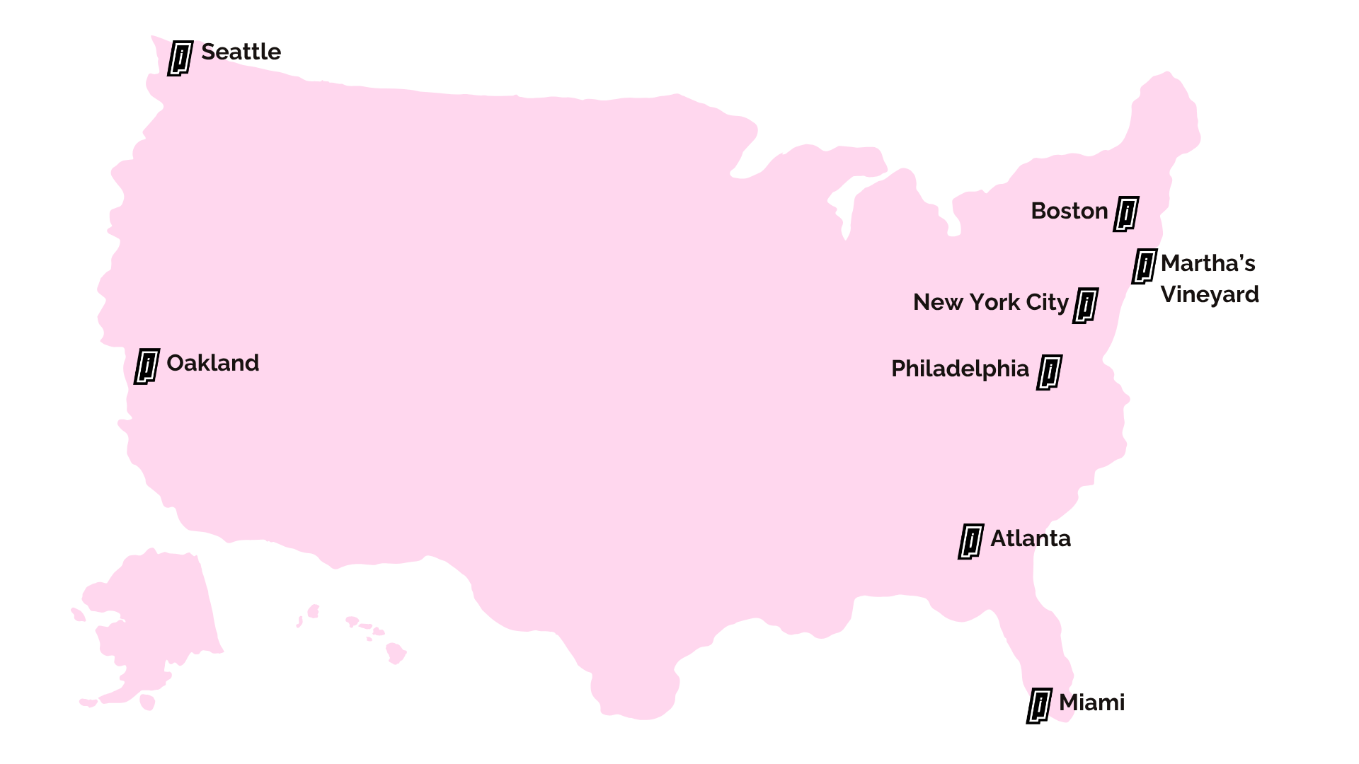 Light pink map with icons on each city showing where services were provided