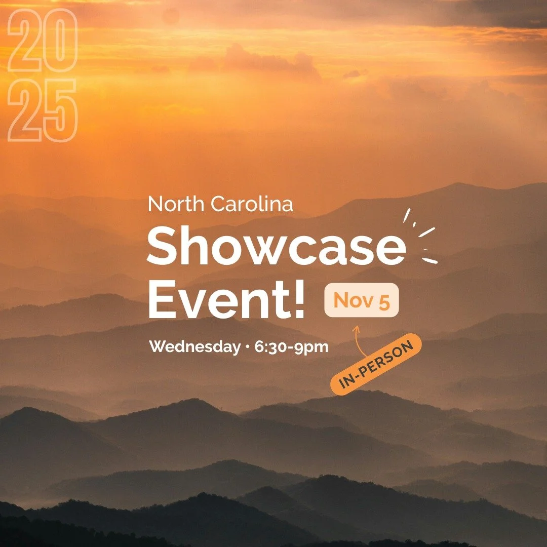Coming soon &ndash; North Carolina's first-ever Showcase event! 🧡 Come hear live pitches, network with local changemakers, see who wins the Crowd Favorite award, and some surprises (of course!)

Wednesday, November 5
American Underground - Durham, N