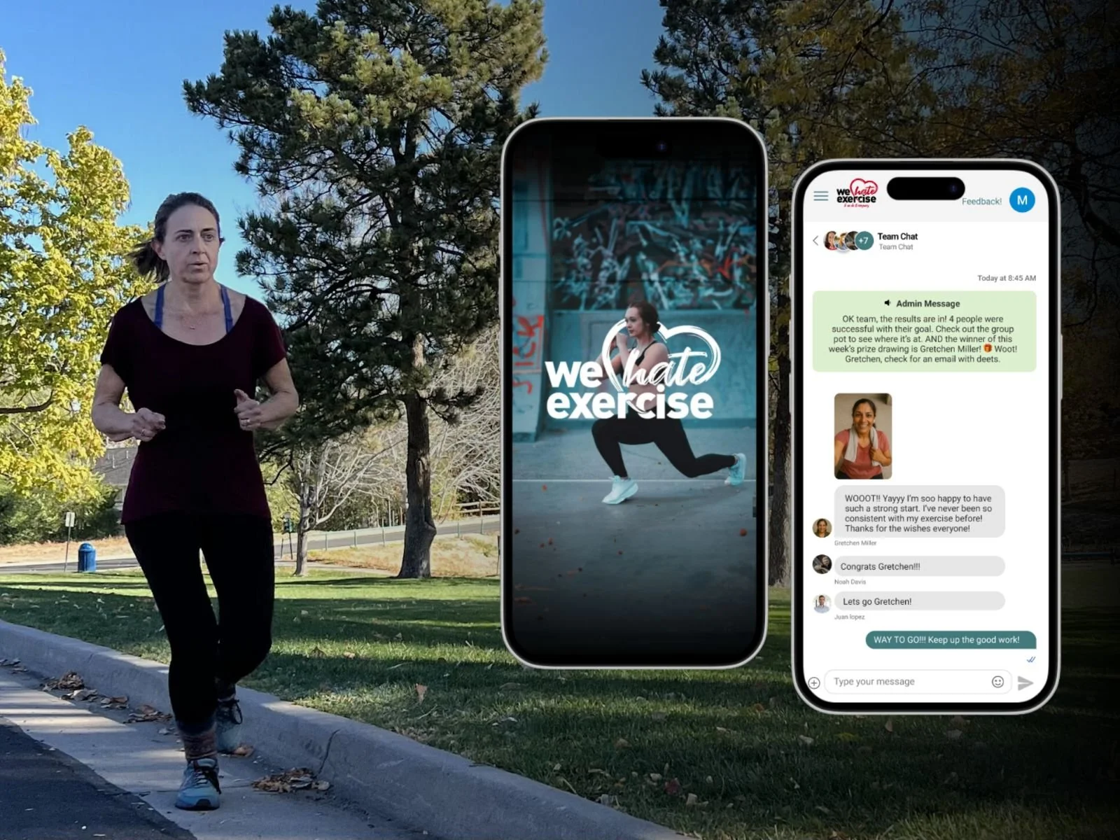 Sam Monson founder of We Hate Exercise running with phone app screens