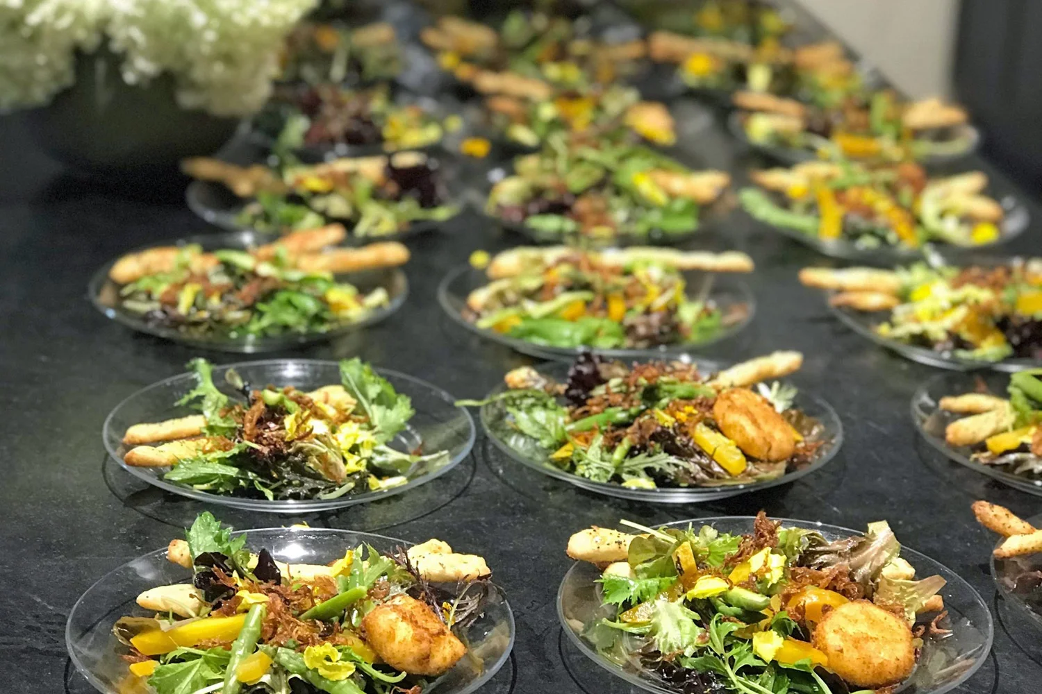 ASPARAGUS VINAIGRETTE WITH BABY LETTUCES, GOLDEN BEETS, CHEVRE, FRIZZLED SHALLOTS AND A ROASTED ORANGE VINAIGRETTE