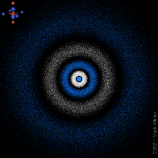 An electron cloud diagram that displays the 5s orbital. It has a pattern of concentric rings, alternating between blue and white. The center dot is blue, the surrounding ring is white, followed by a blue ring, then white, and lastly blue.