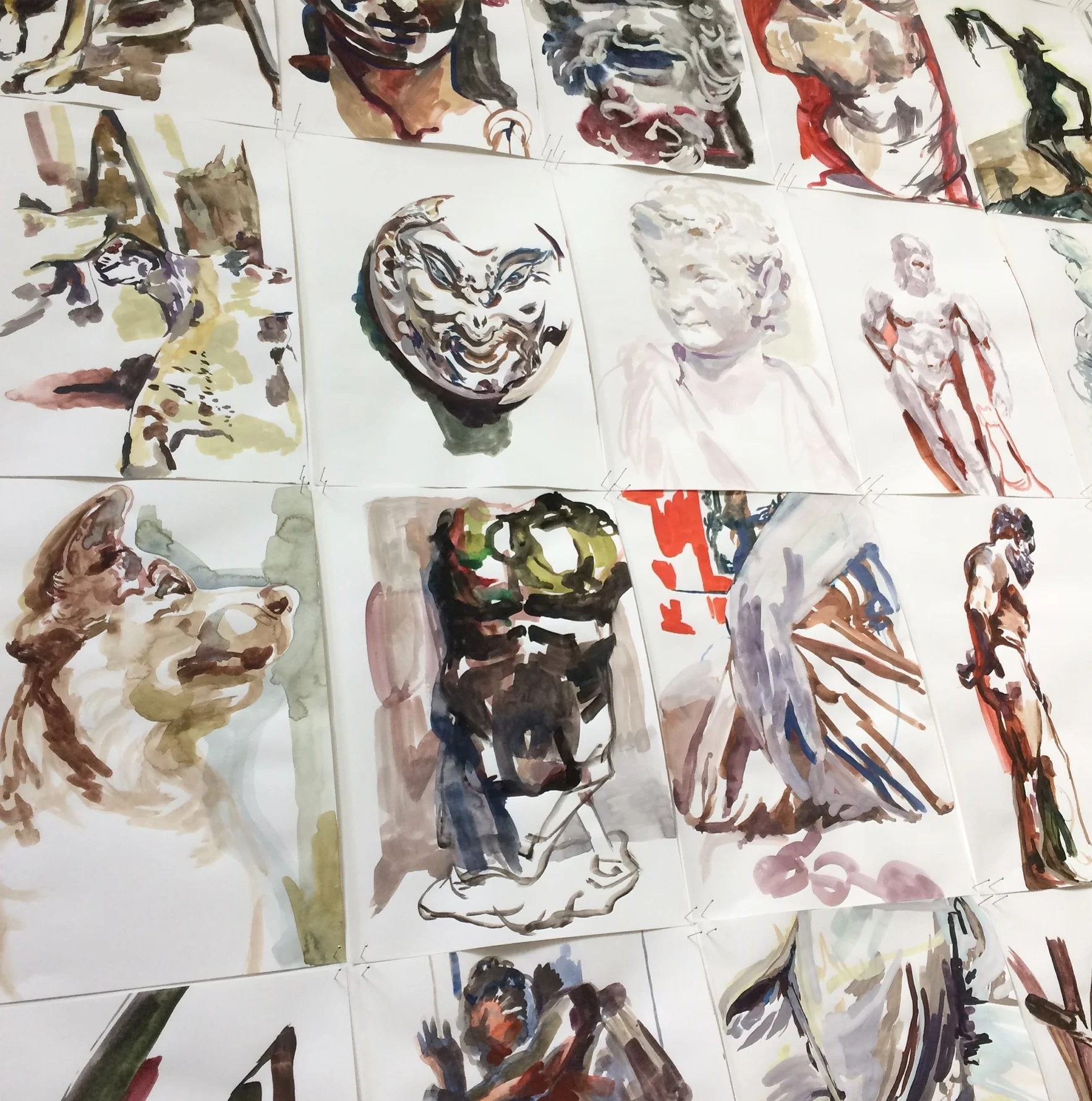 Painting of Sculptures, Florence, Italy. Installation of 30 pages  Exhibited during residency at Stephen Perse, Cambridge