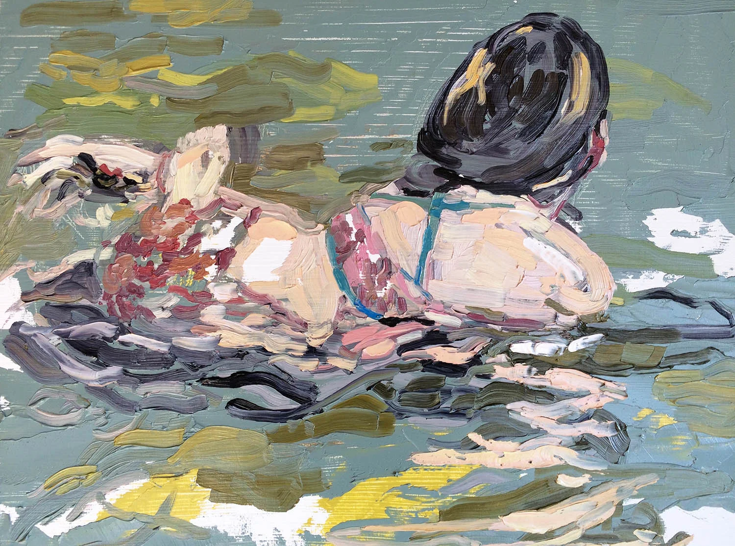 She is so content in the sea water, oil on wood panel, 30 x 40 x 2 cms