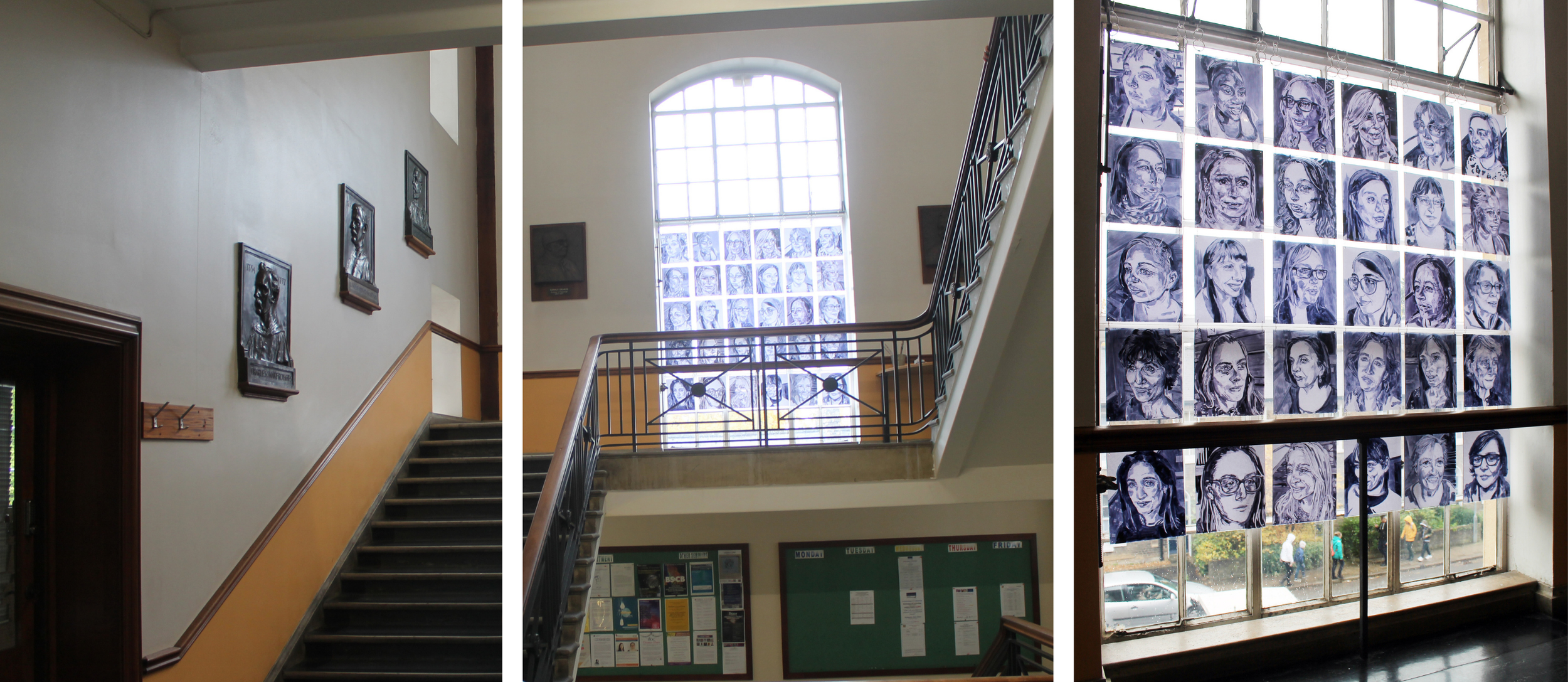 Historic stairwell at University of Cambridge, lined with bronze portraits of male professors, with a large arched window displaying 30 contemporary portrait oil paintings of women on transparent perspex, who work in the department.