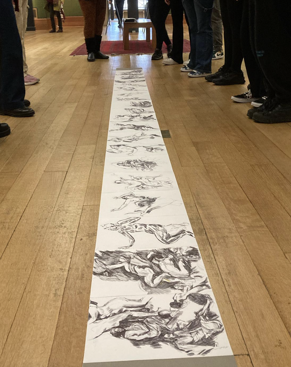 USING DRAWING TO INTERROGATE HISTORIC PAINTINS - WORKSHOP WITH BA STUDENTS AT FITZWILLIAM MUSEUM, CAMBRIDGE, ACCORDION BOOK - ALL THE LUCRETIA'S, DISPLAYED ON THE FLOOR IN FRONT OF 'THE RAPE OF LUCRETIA' BY TITAN, NOVEMBER 2023