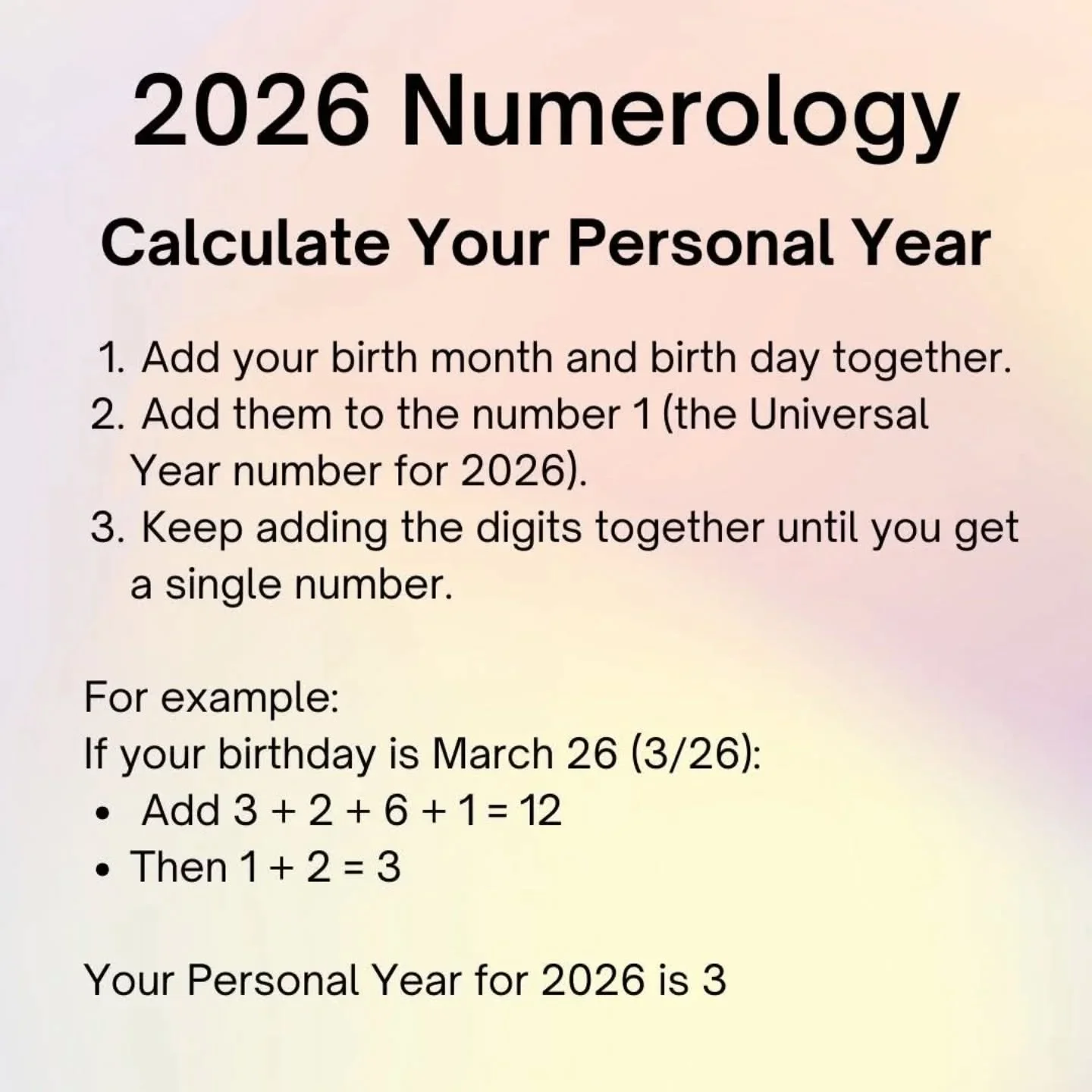 What's your Personal Year Number for 2026? ✨ I'm in a 7 Year.

Numerology helps us uncover the energy guiding our lives each year. Your Personal Year number reveals the themes and opportunities you'll experience in 2026!

Here's how to calculate it:
