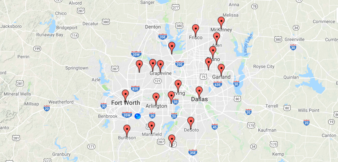 Arlington TX Allen Texas Burleson TX Dallas Texas Denton TX Desoto Texas Fort Worth TX Frisco Texas Garland TX Grand Prarie Texas Grapevine TX Irving Texas Keller TX Mansfield Texas Lewisville TX McKinney Texas Midlothian TX Southlake Texas Plano TX