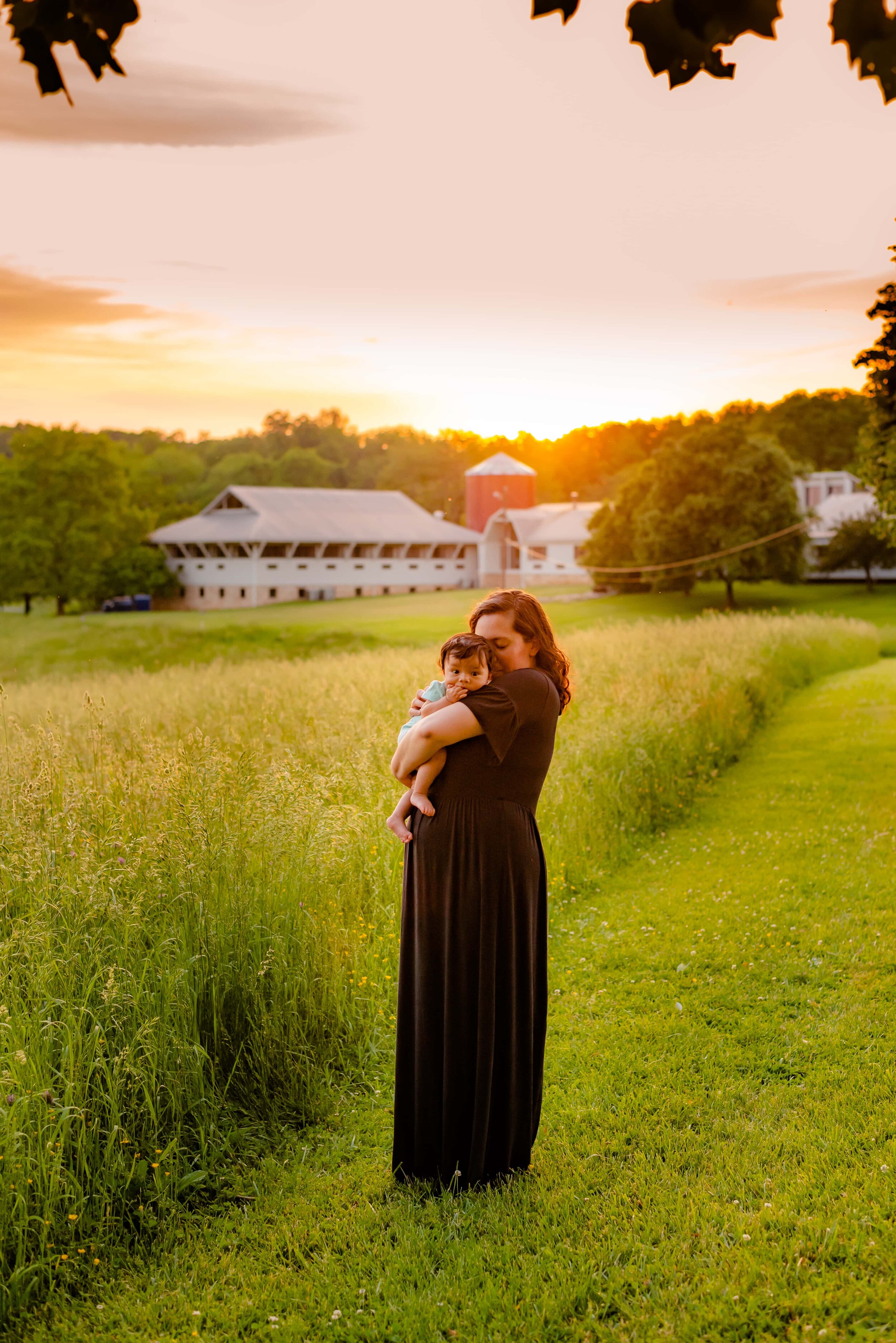 Maryland Newborn Photographer - mom and baby in a field at sunset