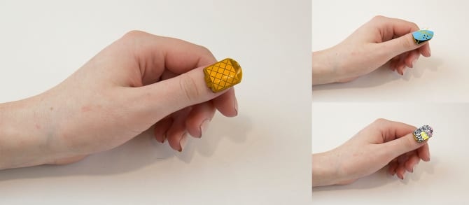  NailO flexible PCB prototype, form factor is miniaturized close to that of a nail art sticker. (Image courtesy of MIT Media Lab) 