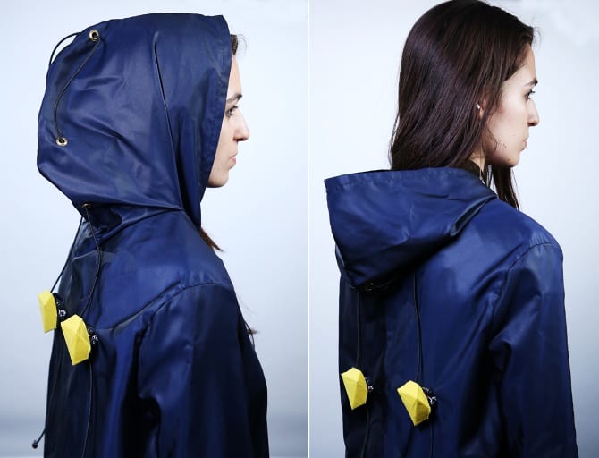  Climate Reactive Clothing: The robots can trigger clothing to actively adapt based on the climate or comfort needs of the wearer. We created a coat and connected each drawstring of the hood to a device. Upon detecting an increase in temperature, the