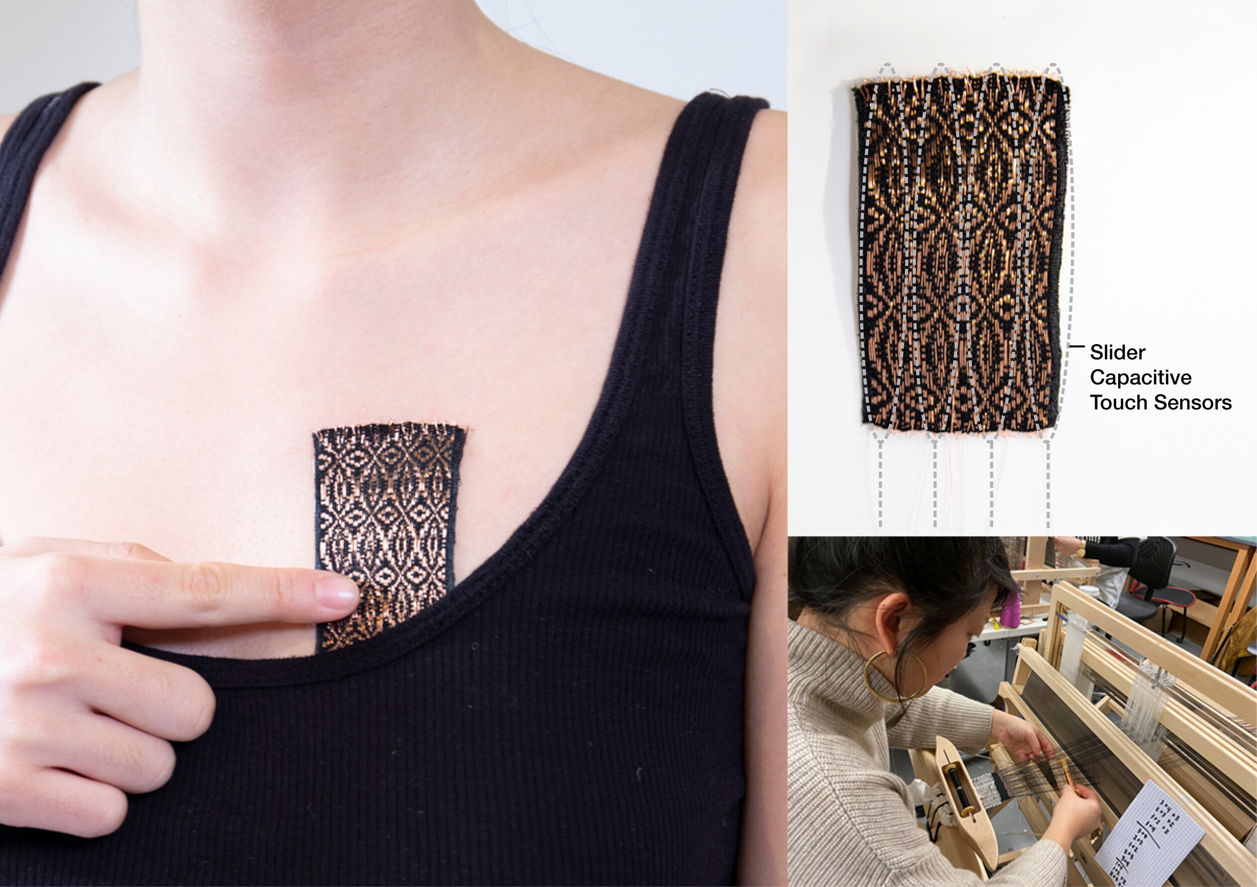  A textile artist’s woven on-skin interface created with the fabrication process developed by the Hybrid Body Lab: A on-skin touch sensor for "touching one’s own heart" woven with overshot patterns. (Image Credit: Hybrid Body Lab) (License: CC BY-NC-