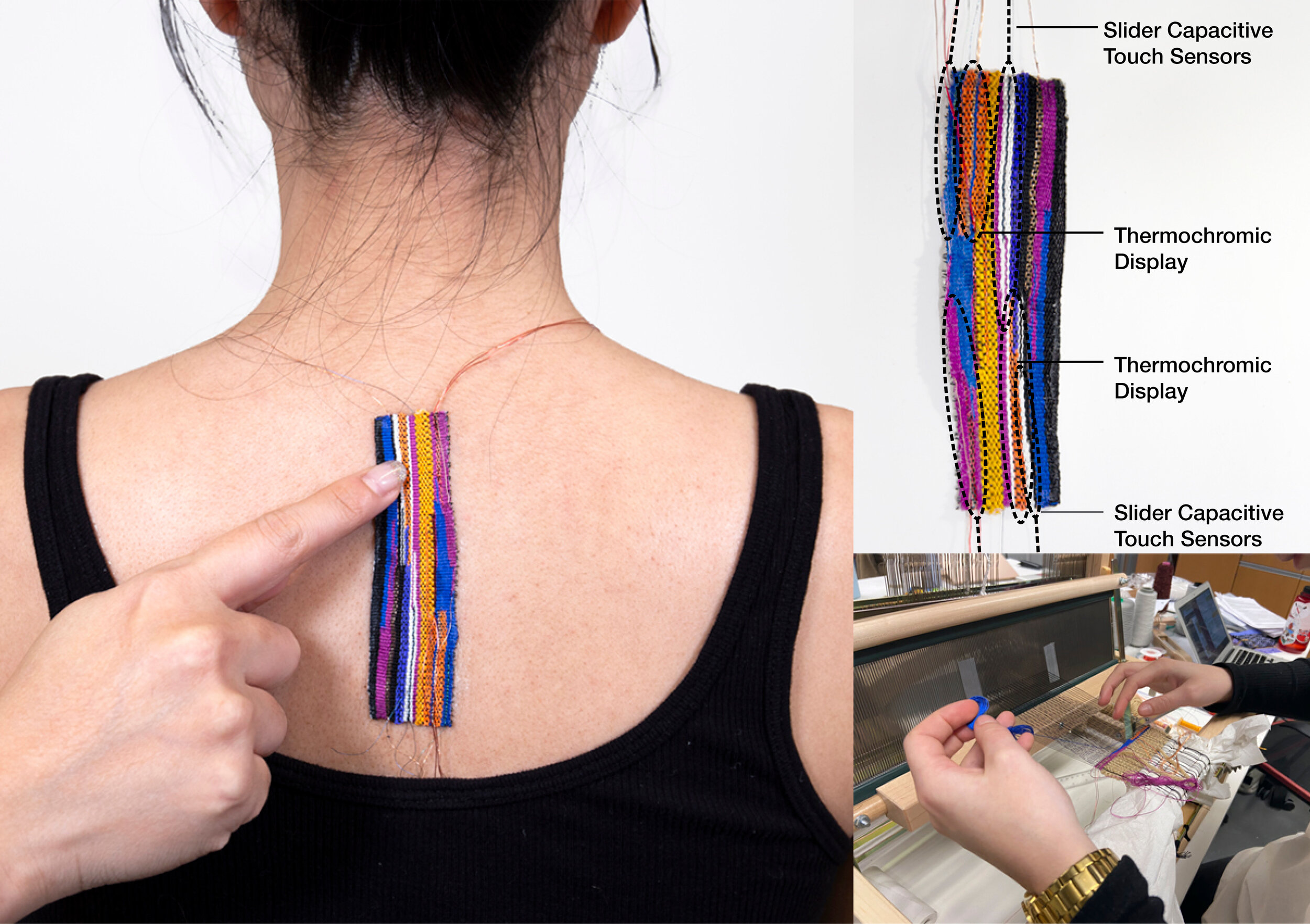  A textile artist’s woven on-skin interface created with the fabrication process developed by the Hybrid Body Lab: A touch sensor on the back woven with tapestry techniques. (Image Credit: Hybrid Body Lab) (License: CC BY-NC-SA 4.0) 