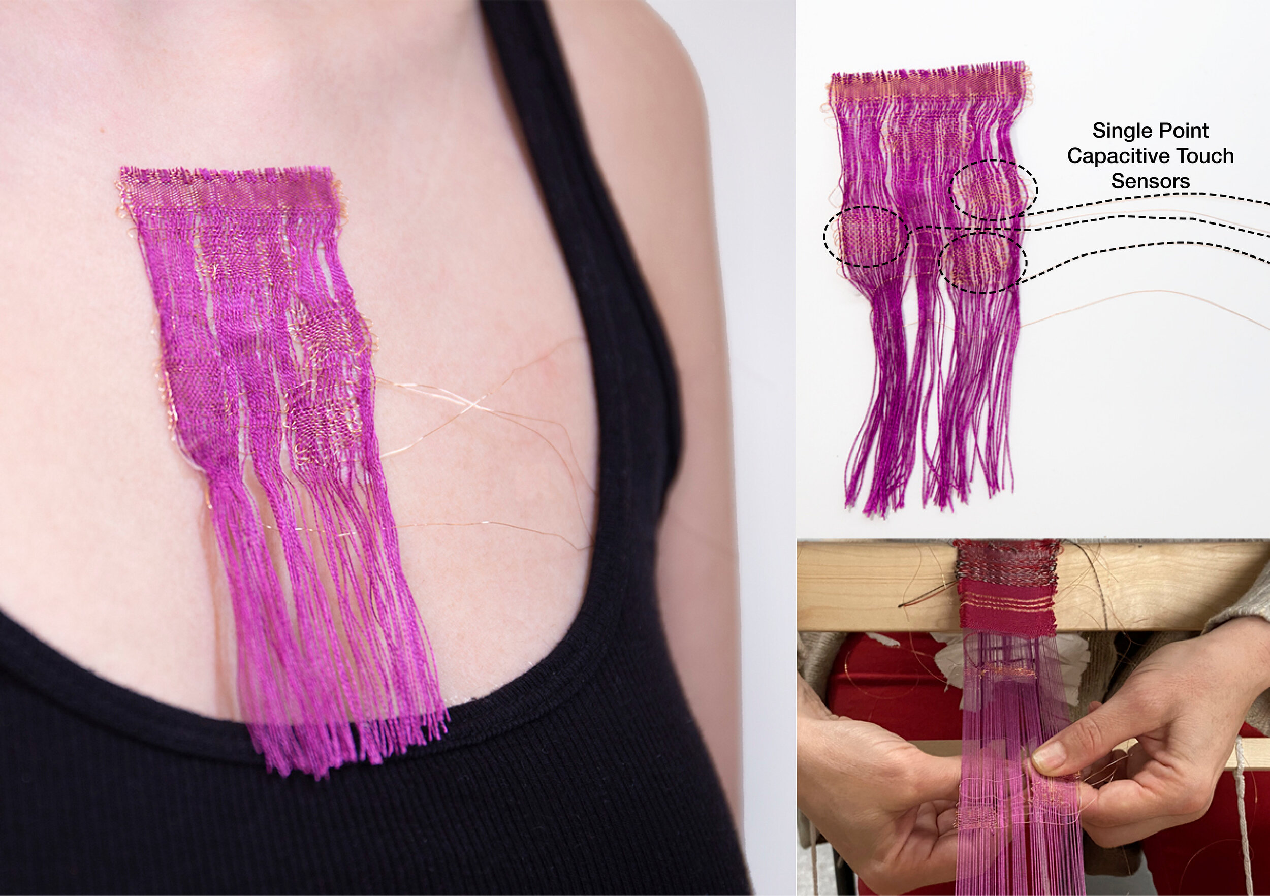  A textile artist’s woven on-skin interface created with the fabrication process developed by the Hybrid Body Lab: An on-skin touch sensor woven with fringes for a soothing tactile experience (Image Credit: Hybrid Body Lab) (License: CC BY-NC-SA 4.0)