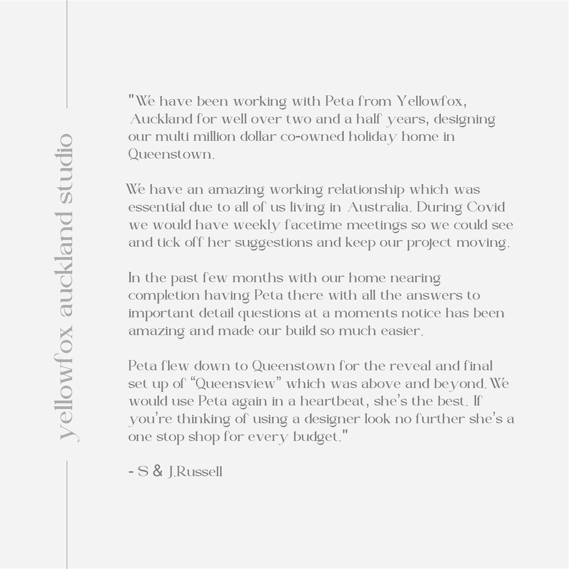 Thrilled to share the words of our delighted client who worked with our Yellowfox Auckland studio! 🌟

Their testimonial speaks volumes about the exceptional design experience we strive to deliver. Thank you for trusting us with your vision. 💛

#Yel