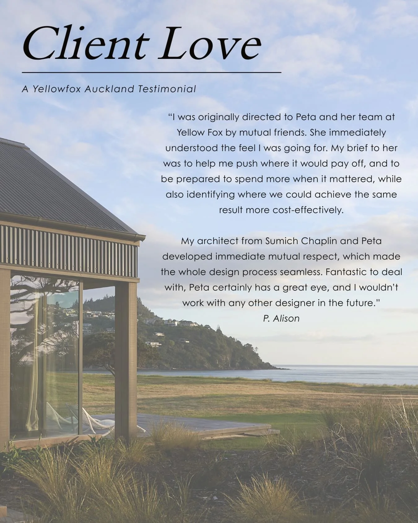 Thrilled to share the words of our delighted client who worked with Peta and our Yellowfox Auckland studio! We are so proud of this project and grateful to be a part of the journey 🌟

#yellowfoxauckland #aucklandinteriors #interiordesign