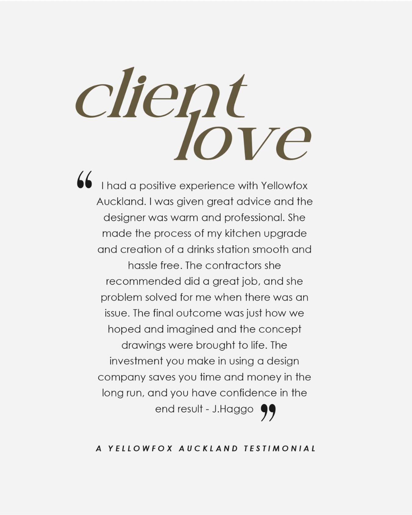 Thrilled to share the words of our delighted client who worked with our Yellowfox Auckland Studio! 

Their testimonial speaks volumes about the exceptional design experience we strive to deliver. Thank you for trusting us with your vision. 💛

#yello
