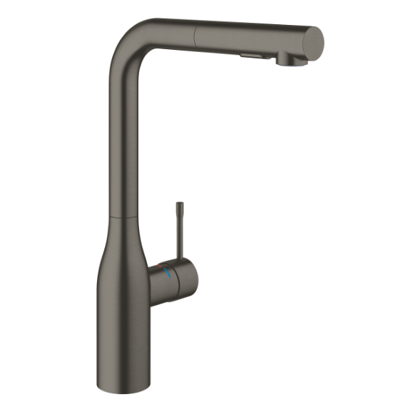Modern kitchen faucet with a sleek, brushed metal finish and a single lever handle.