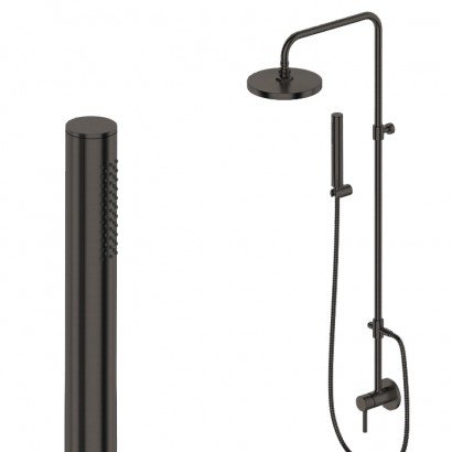 Black matte shower system with overhead and handheld showerheads, wall-mounted design.