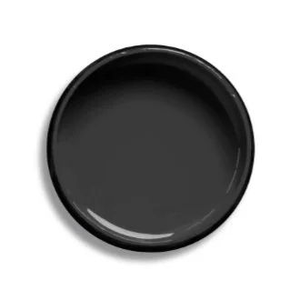 A black round shallow dish with a glossy finish.