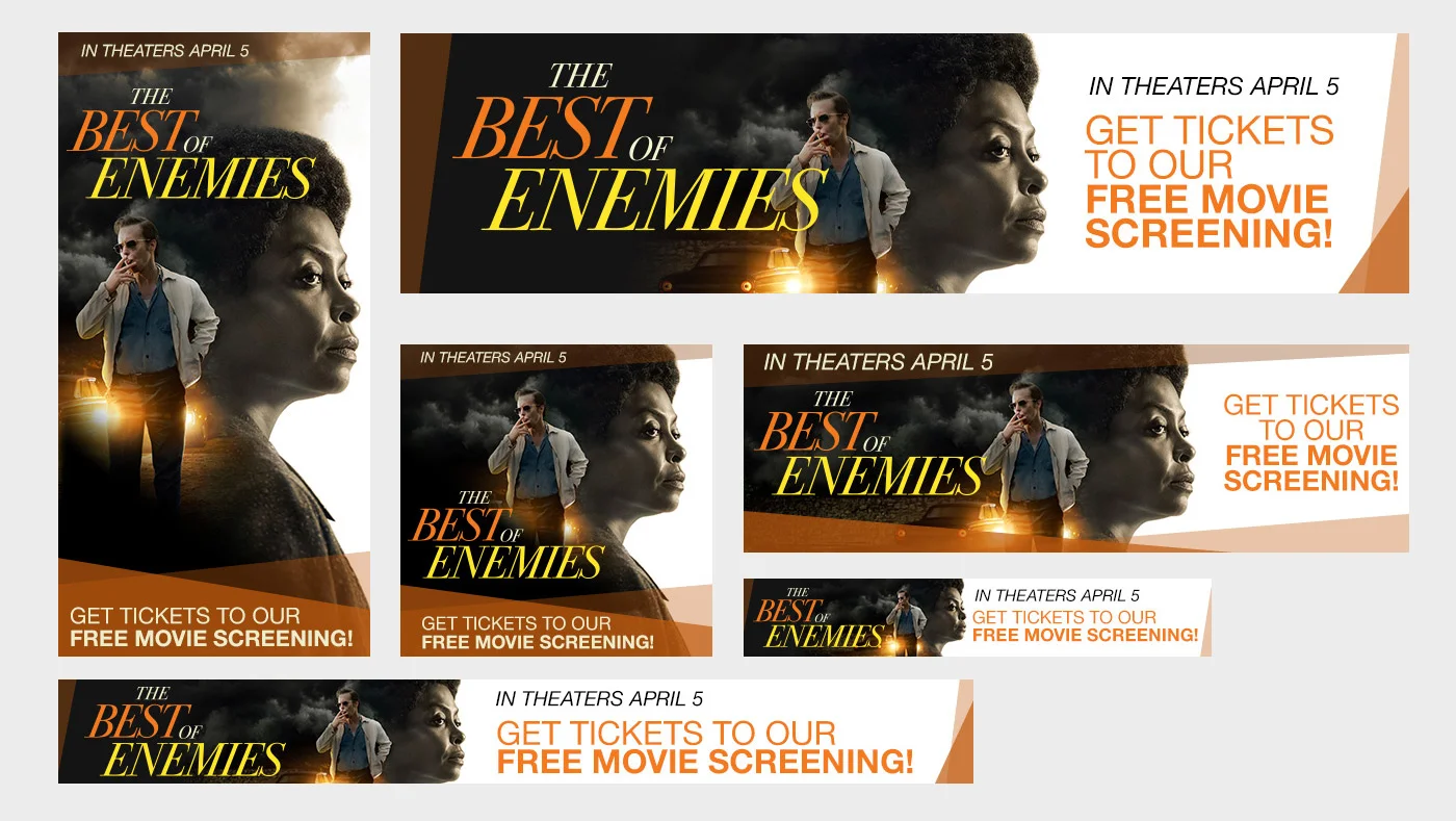 Promotional banner ad set for movie screening for The Best of Enemies featuring Academy Award winner Sam Rockwell and Academy Award nominee Taraji P. Henson.