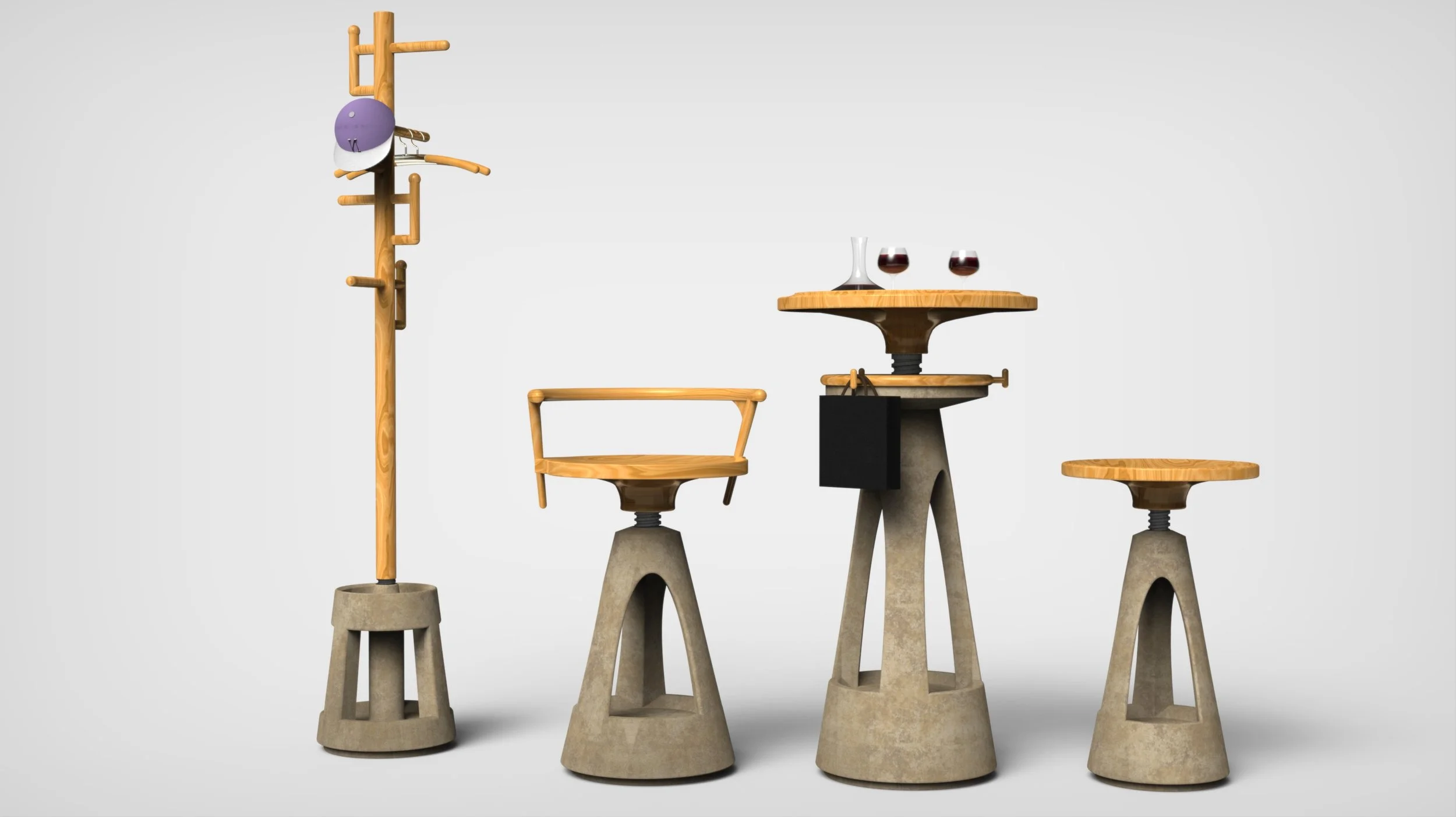The Revolve series concrete furniture have a cloth rack with umbrella holder, two bar seats, a bar table, a ice bucket holder and a wine storage shelf.