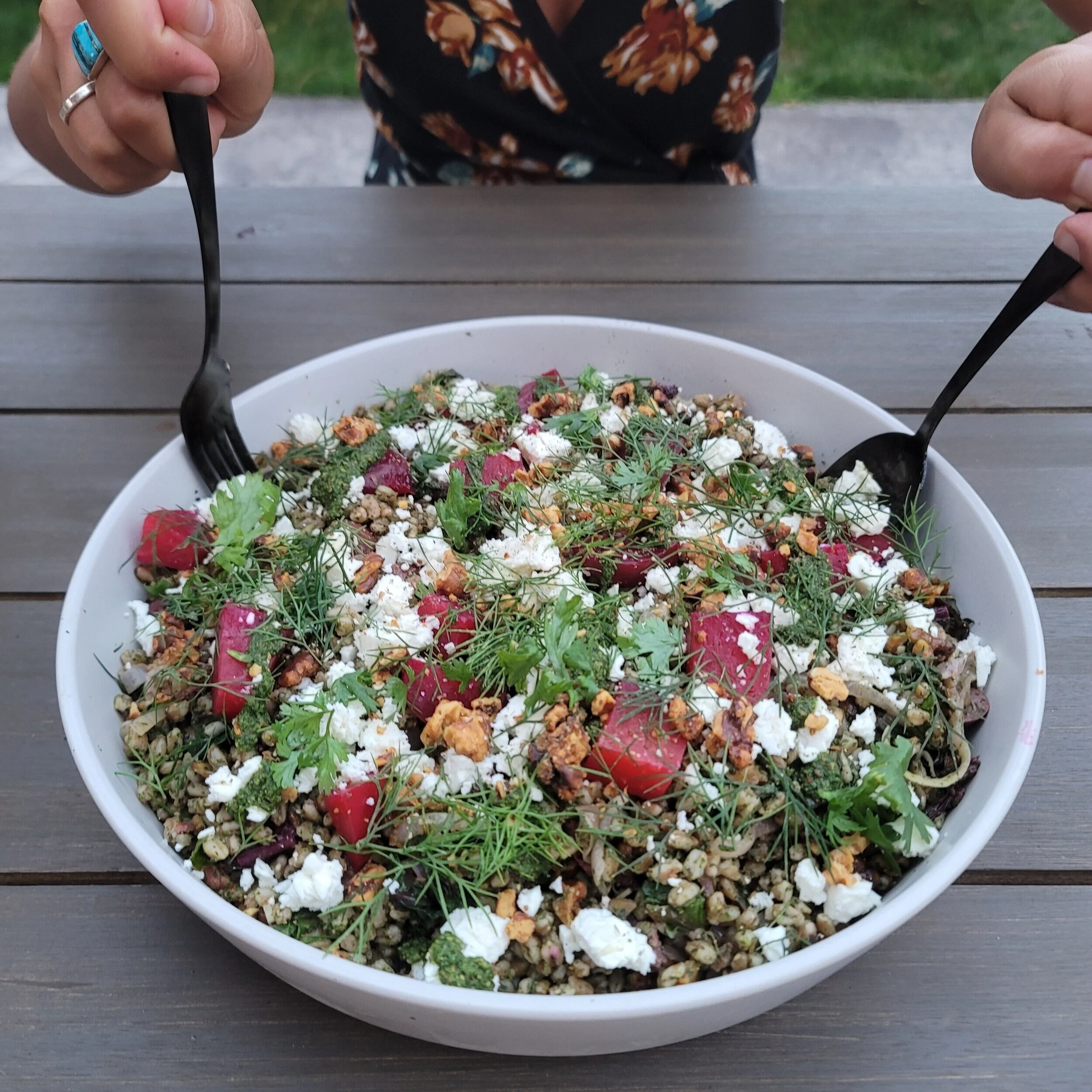 Farro Salad with Beet Greens, Beets, &amp; Parsley