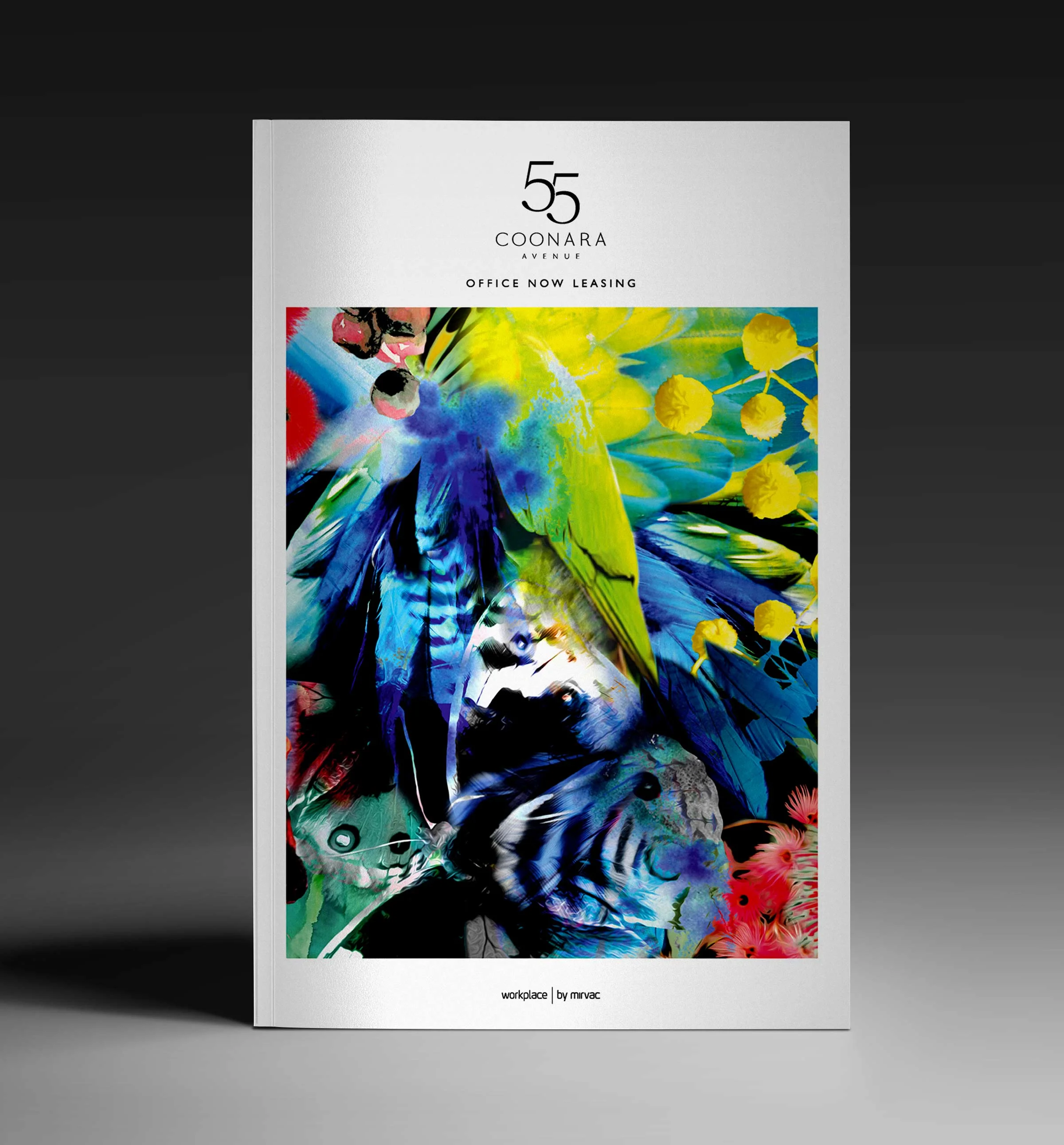 A modern, colorful book cover featuring an abstract composition of butterflies, flowers, and vibrant splashes of color, with text indicating office leasing at 55 Coonara Avenue.