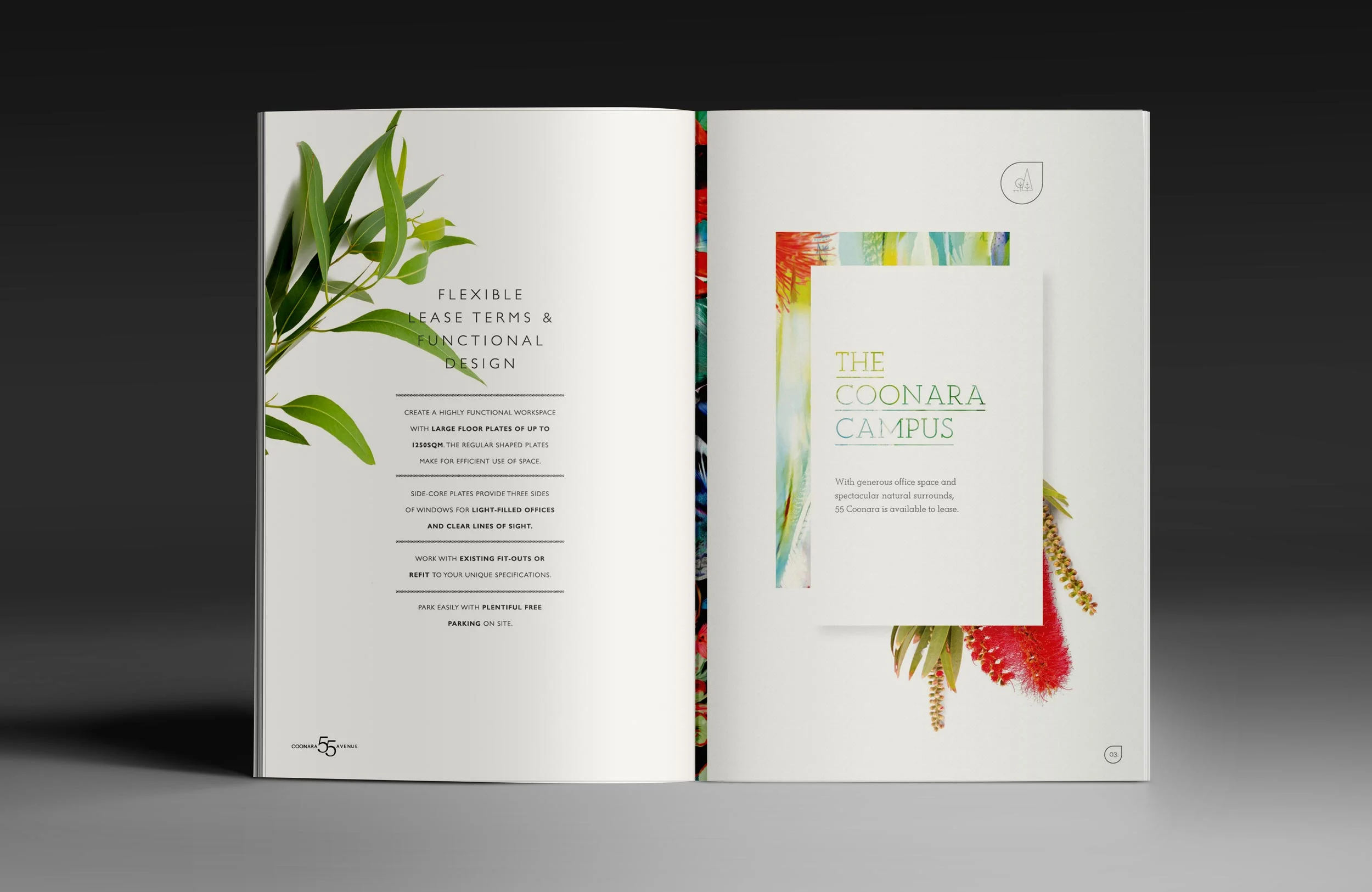 Open brochure displaying text about flexible lease terms and a page with a colorful abstract design and green and red botanical elements.