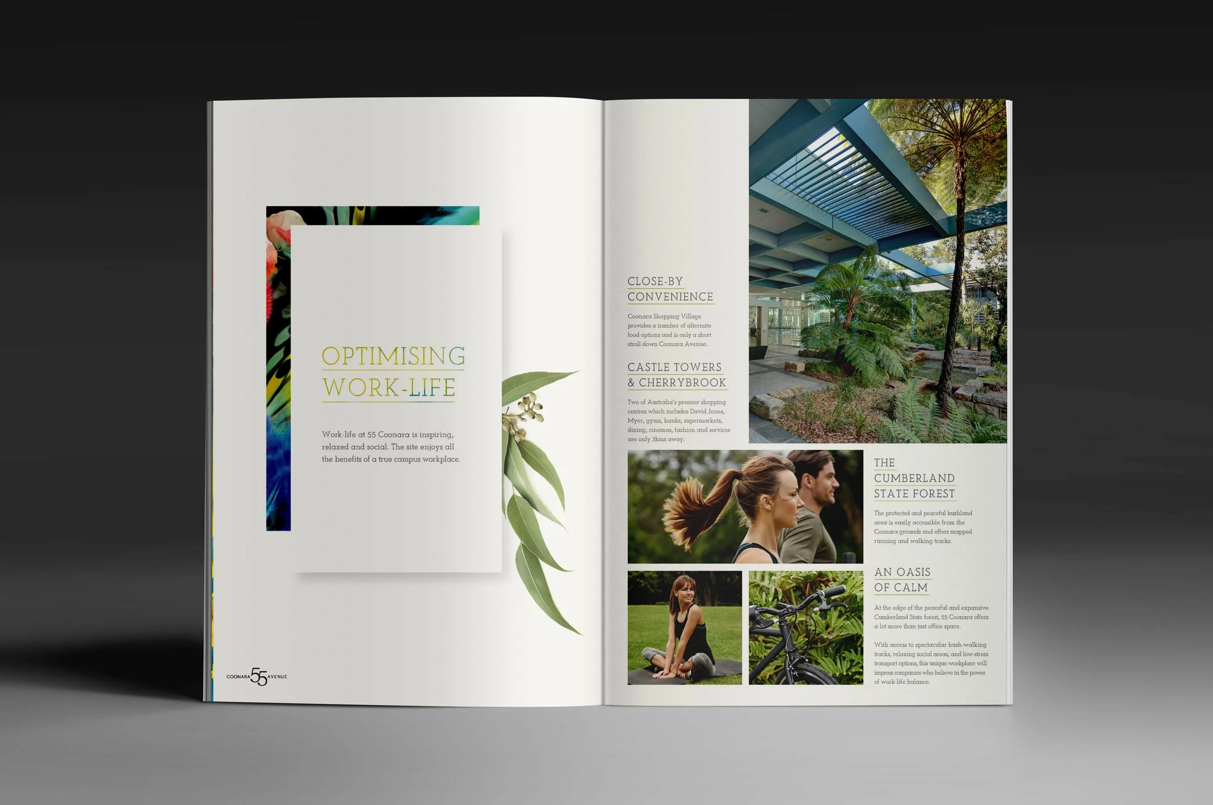 Open brochure showcasing work-life balance in a modern, natural setting with images of people exercising, a bicycle, and lush greenery, emphasizing relaxation and outdoor activities.