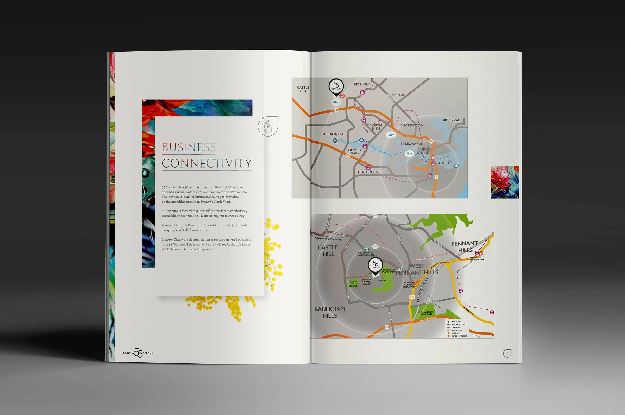 Open magazine featuring maps of transportation routes and business connectivity in Sydney, Australia, with colorful graphics and text.