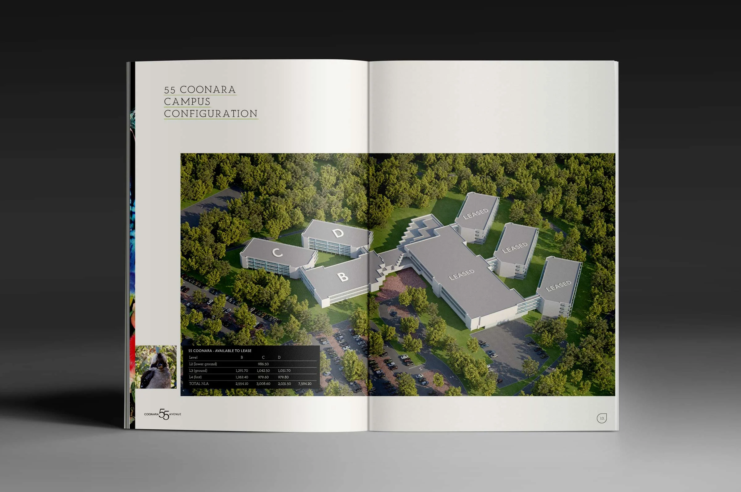 A 3D-rendered aerial view of a campus layout with buildings labeled B, C, D, and multiple unlabeled buildings marked as leased, surrounded by trees and parking lots.