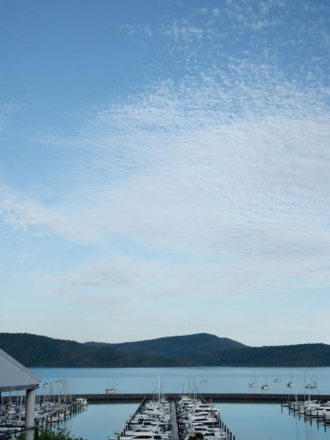 Soft blue sky above calm marina in Airlie beach