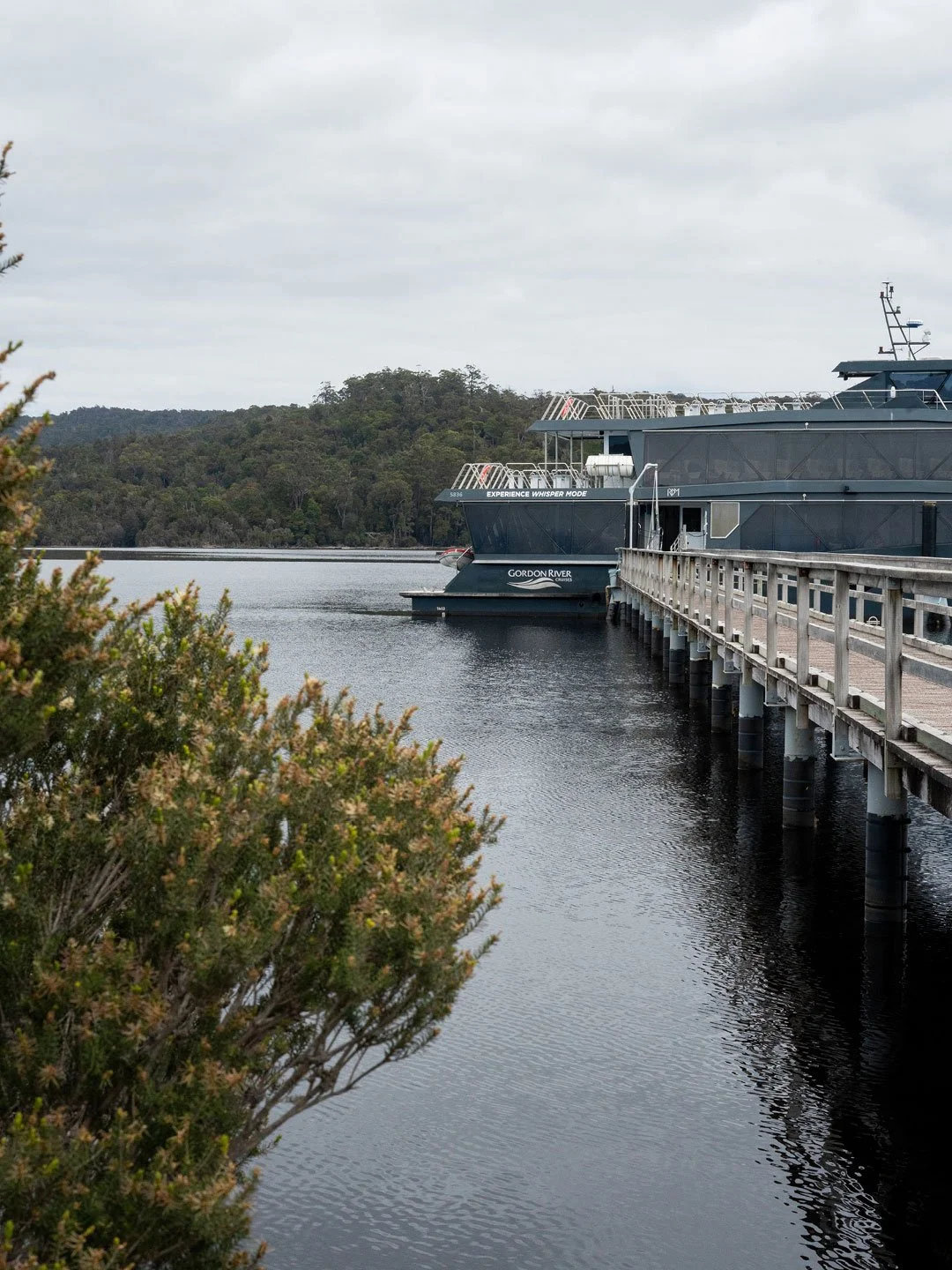 Gordon River cruise boat docked on calm Tasmanian waters