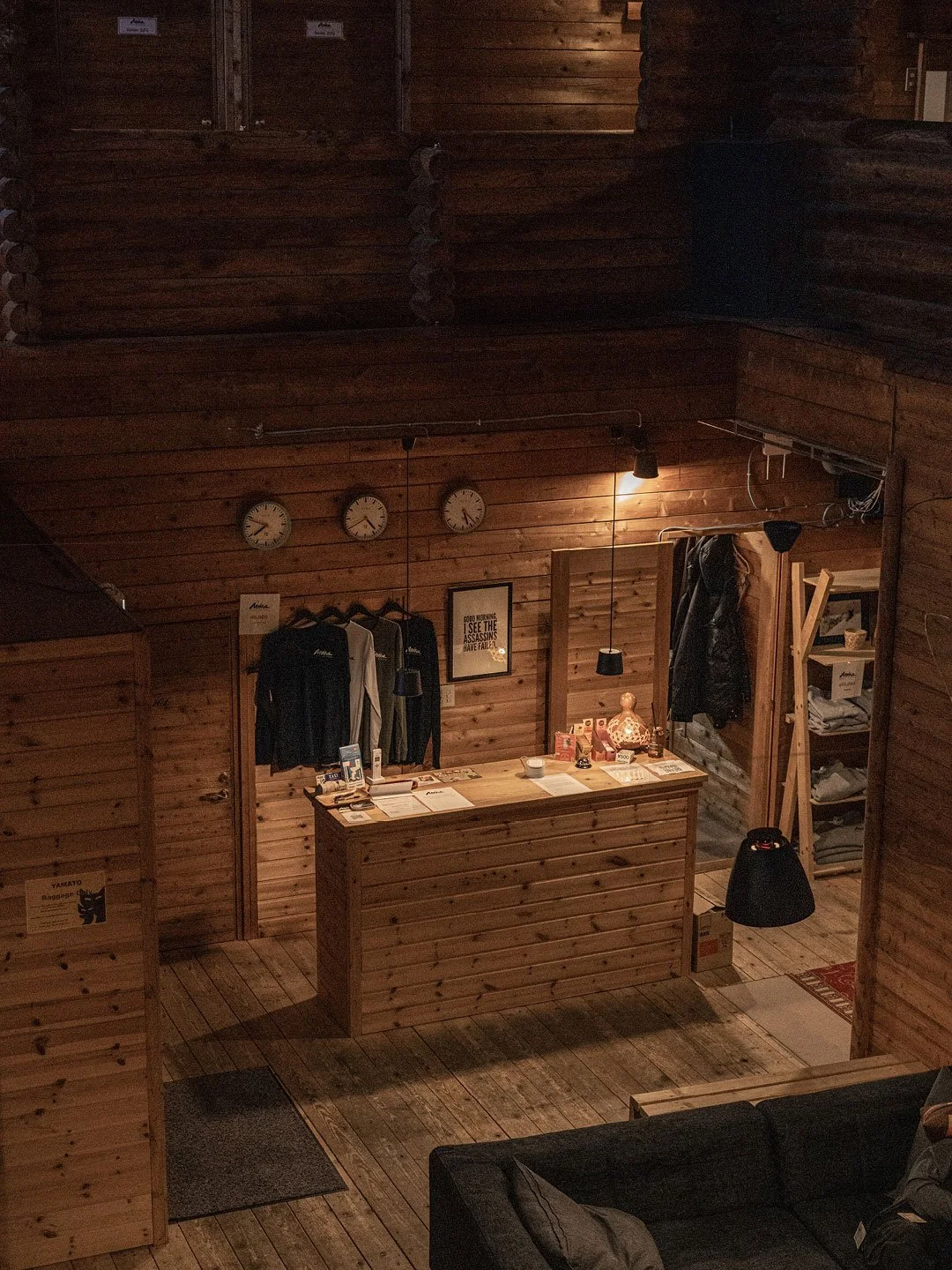 Rustic wooden lodge interior with warm ambient lighting