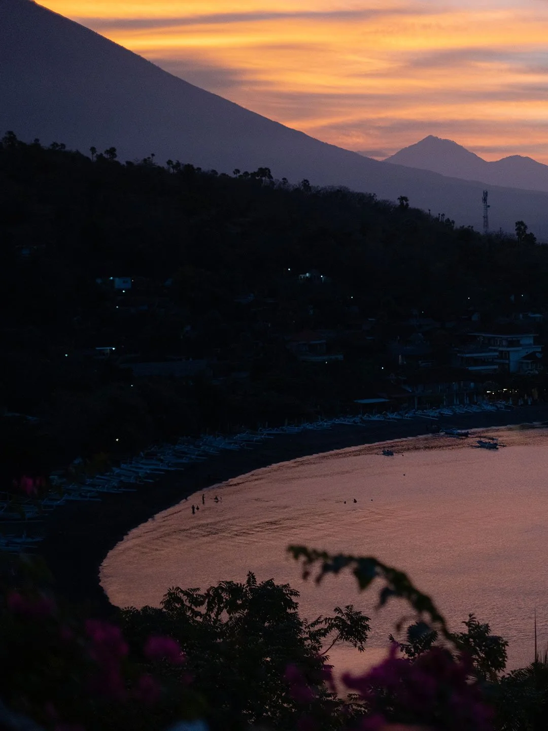 Sunset coastline with Mount Agung in Tulamben, Bali