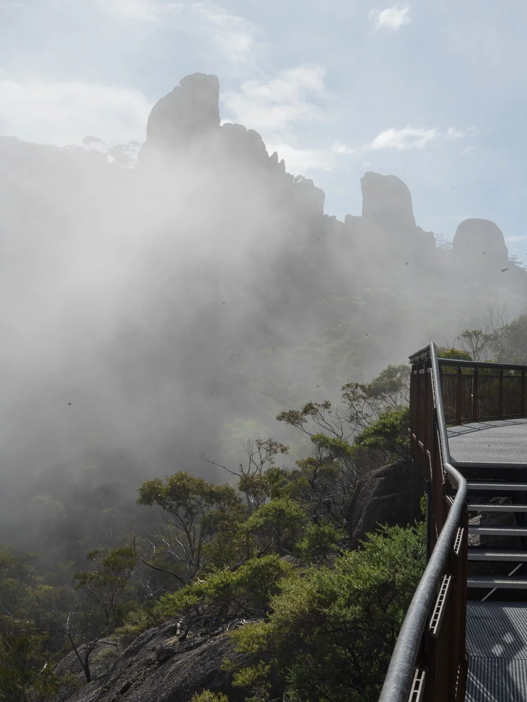 Misty mountain landscape in Tasmania at sunrise