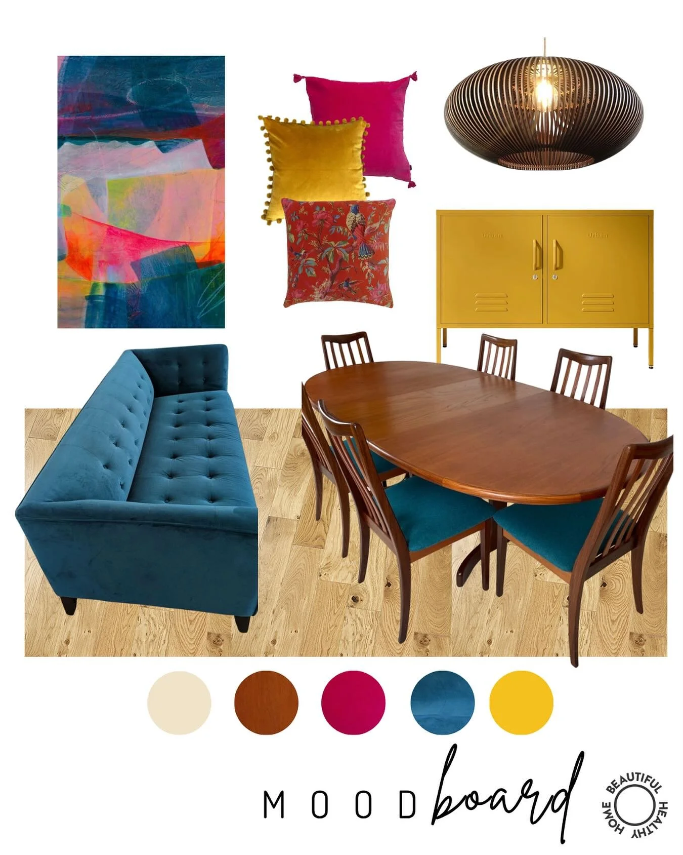 Working with a client to furnish an empty property, we landed on jewel brights to bring energy and excitement paired Mid century and chic painted industrial pieces to bring a sense of warmth and eclectic vibes to the home 🧡

#airbnbmoodboard #beauti