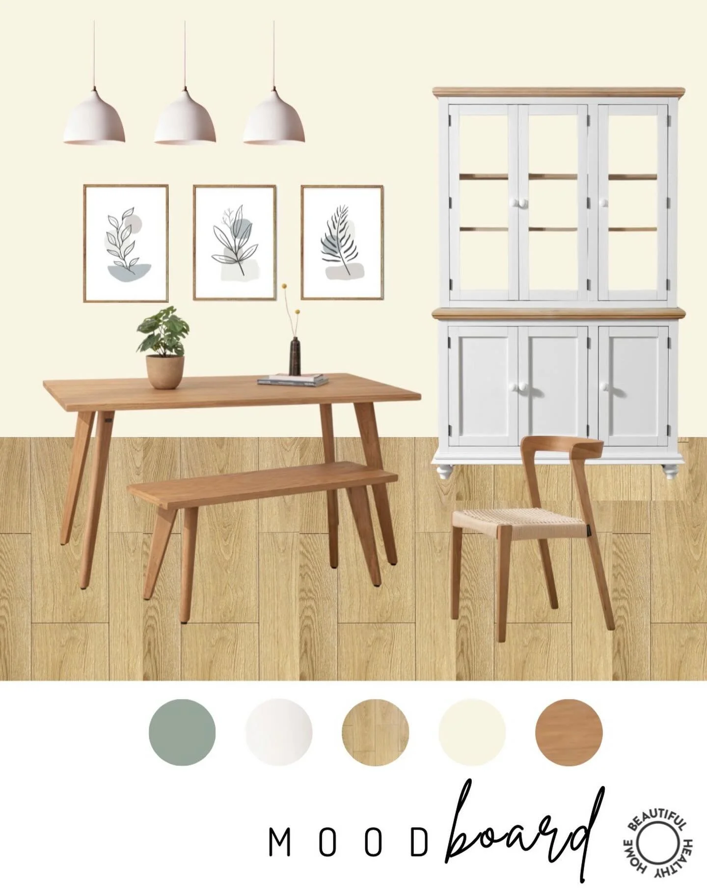 Calming vibe for a client 💚 

This is for a client&rsquo;s dining room - an elongated space with double sliding doors down one side. It&rsquo;s an extension so the ceilings are low. Therefore to bounce as much natural light around, without choosing 